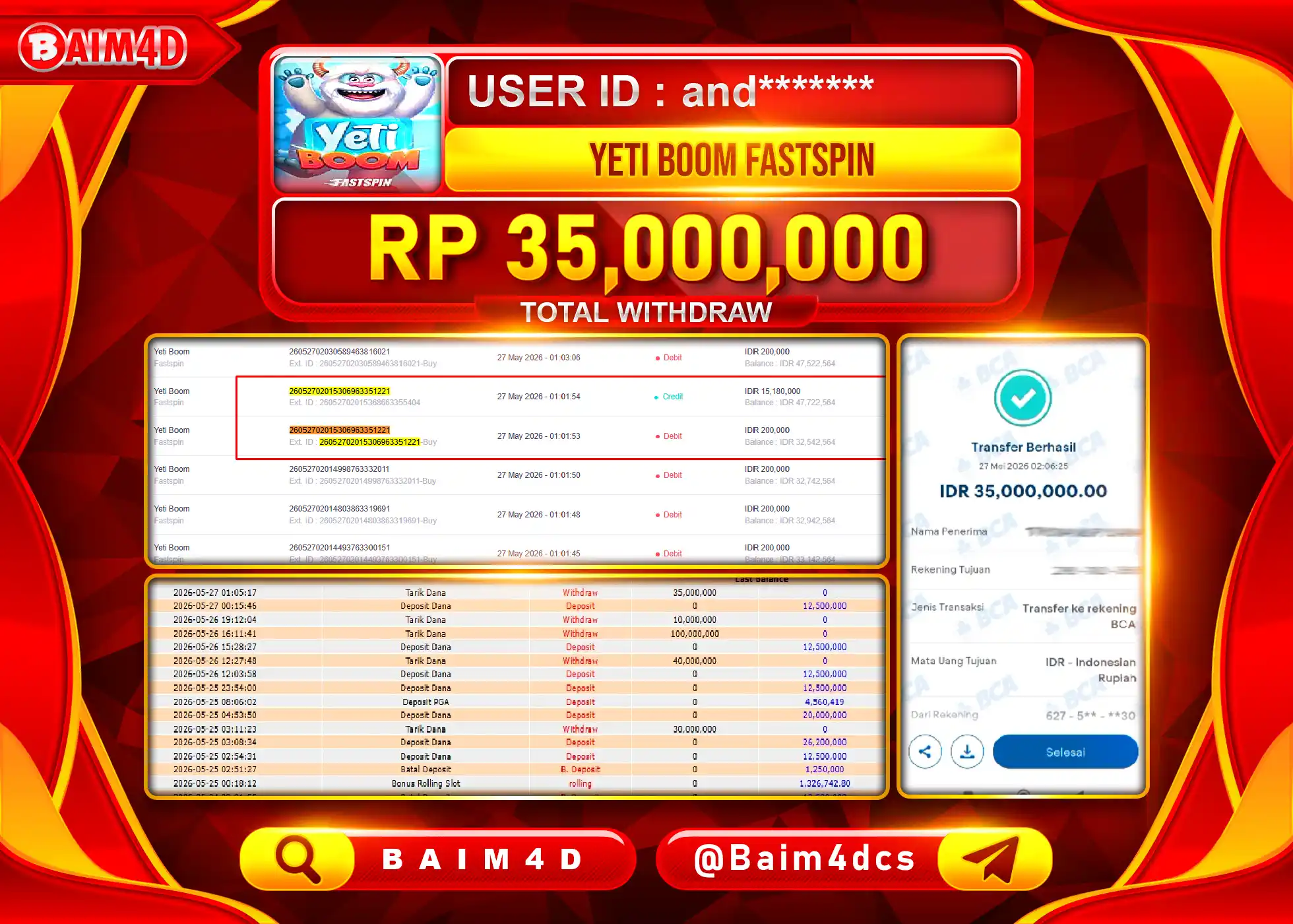 BAIM4D JACKPOT SLOT YETI BOOM FASTSPIN Rp.35,000,000 - LUNAS