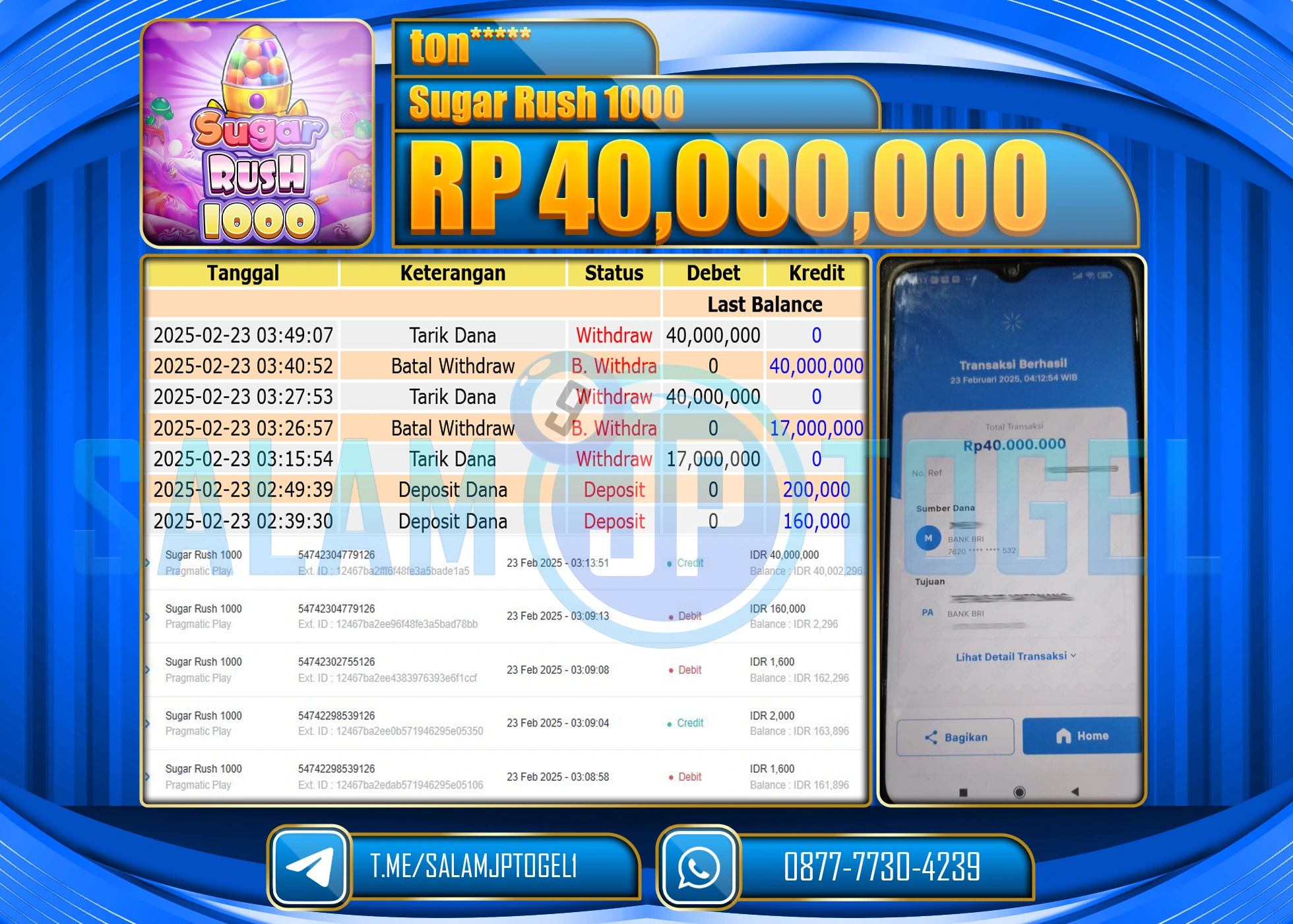 SALAMJPTOGEL SUGAR RUSH 1000 Rp.40,000,000  LUNAS