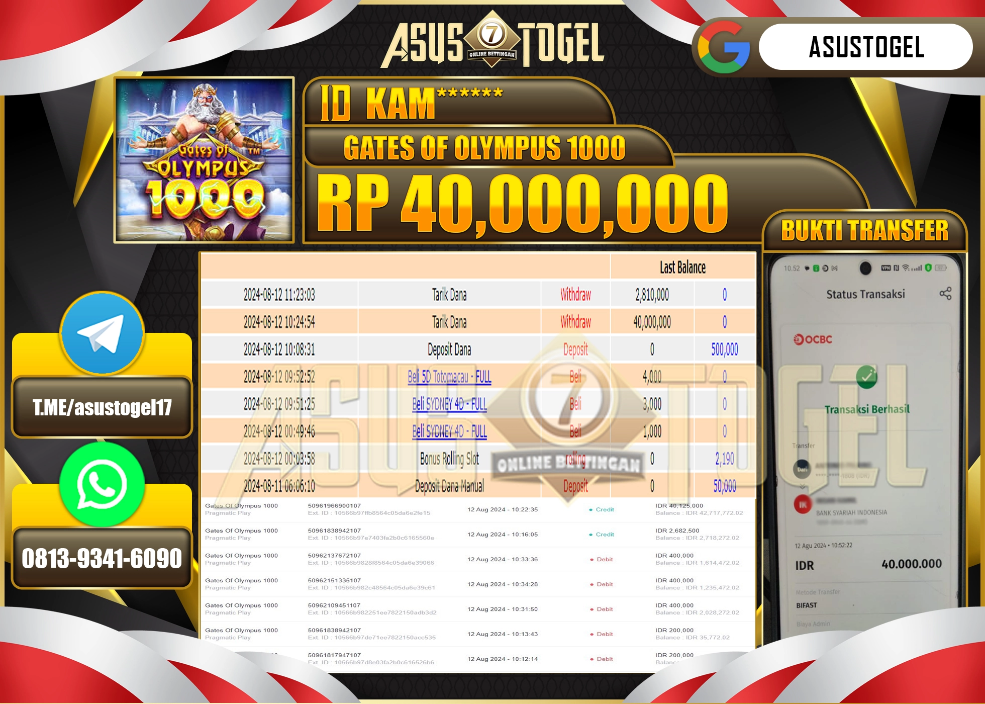 ASUSTOGEL KEMENANGAN DI GATES OF OLYMPUS 1000 SEBESAR 40,000,000- RUPIAH LUNAS