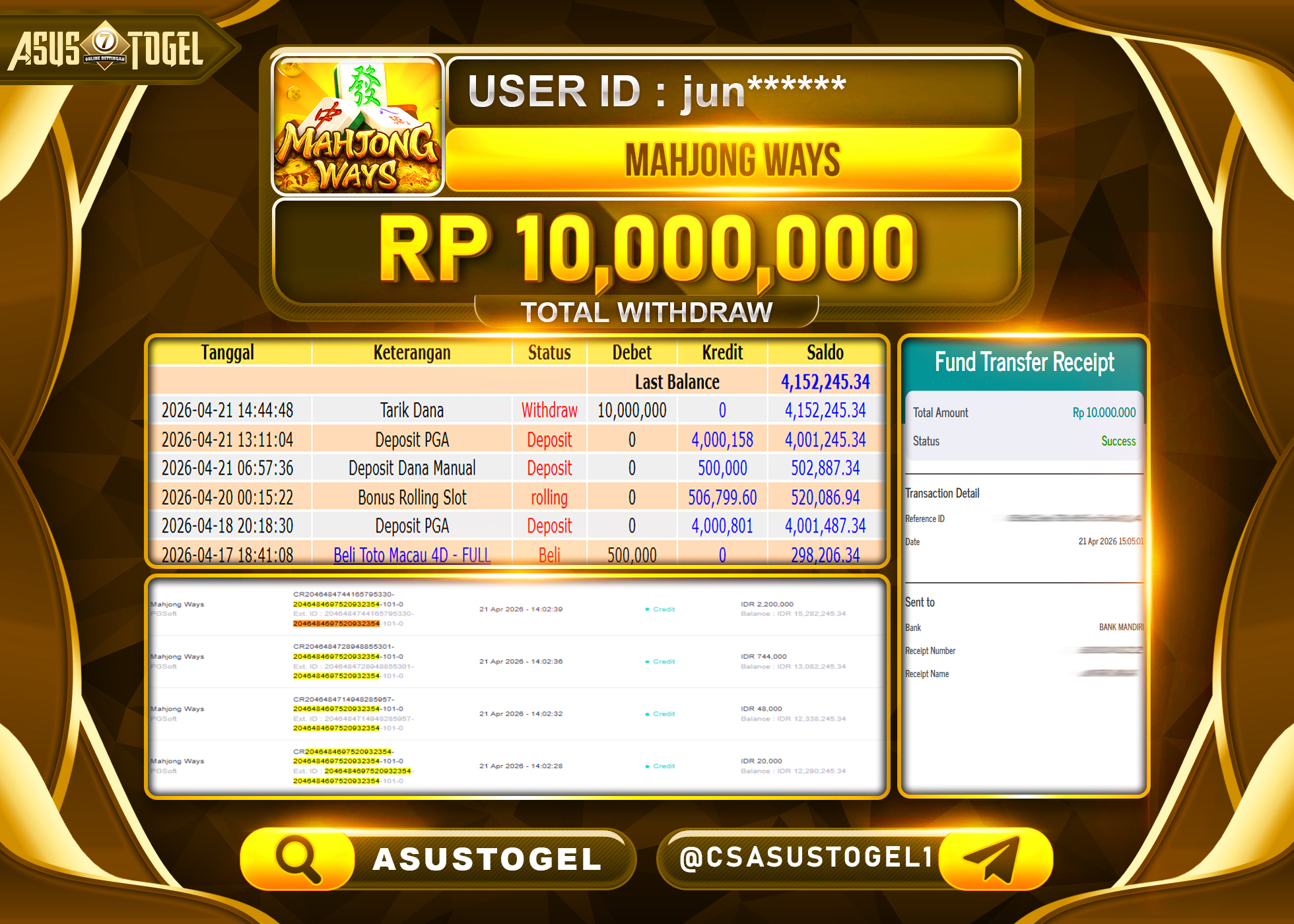 ASUSTOGEL KEMENANGAN JACKPOT DI PERMAINAN MAHJONG WAYS  SEBESAR Rp.10,000,000 - RUPIAH LUNAS