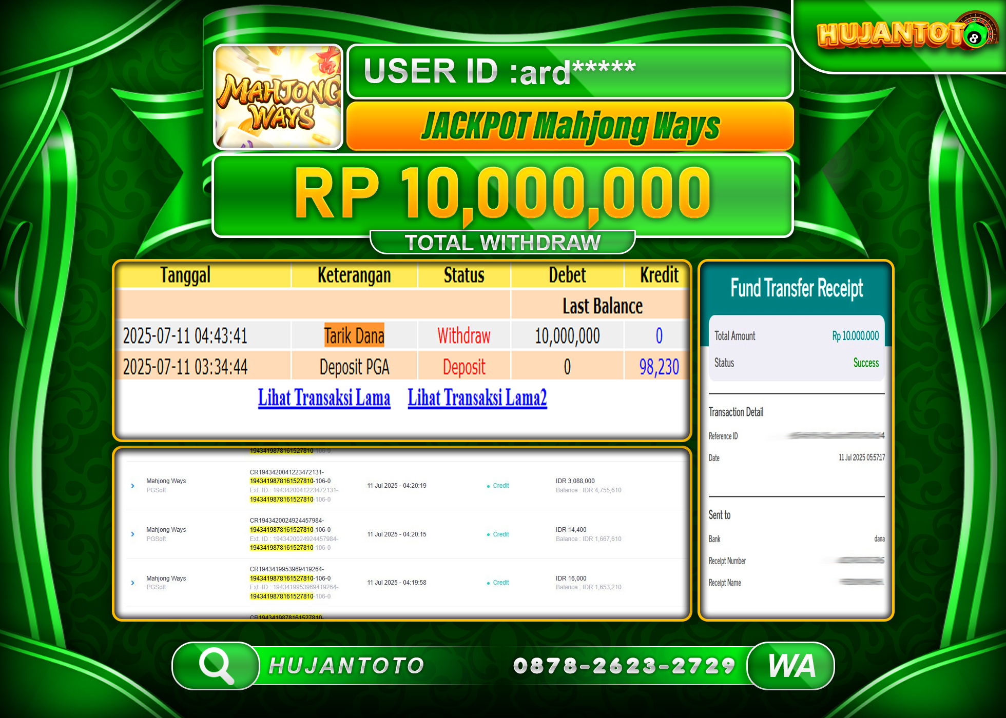   HUJANTOTO - BUKTI JACKPOT MENANG SLOT MAHJONG WAYS  Rp.10,000,000  - TERBAYAR LUNAS