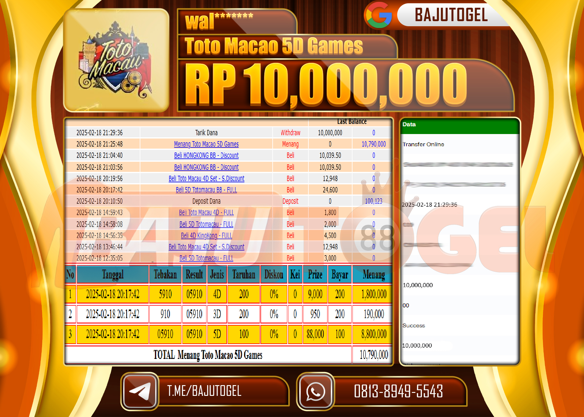 BAJUTOGEL KEMENANGAN TOTO MACAU 5D Rp.10.000.000 LUNAS