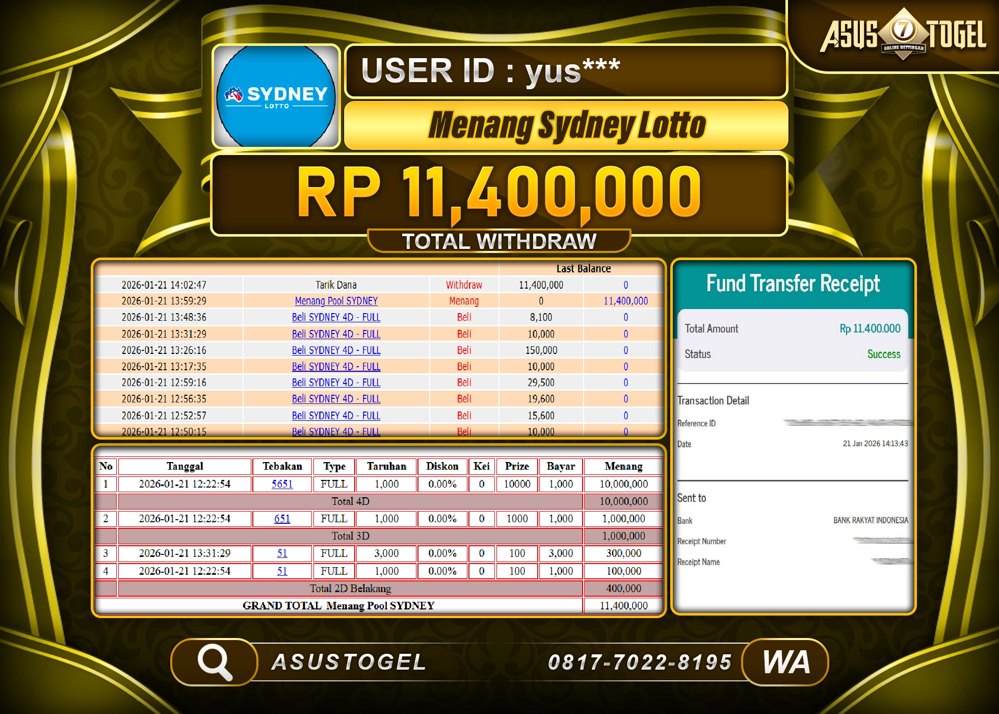 ASUSTOGEL KEMENANGAN DI TOGEL SYDNEY LOTTO SEBESAR 11,400,000 - RUPIAH LUNAS