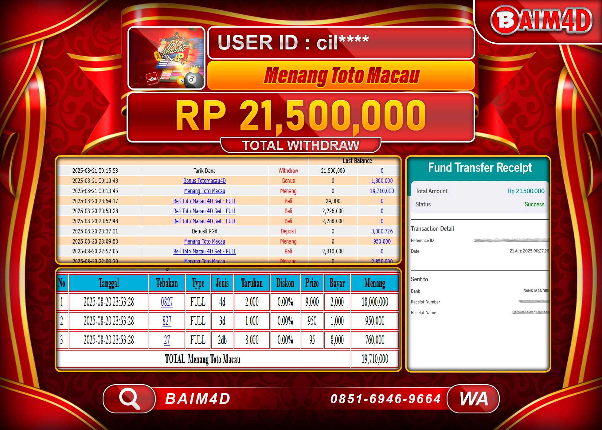BAIM4D JACKPOT DI GAME TOTO MACAU 4D POOLS  Rp.21.500,000.- LUNAS