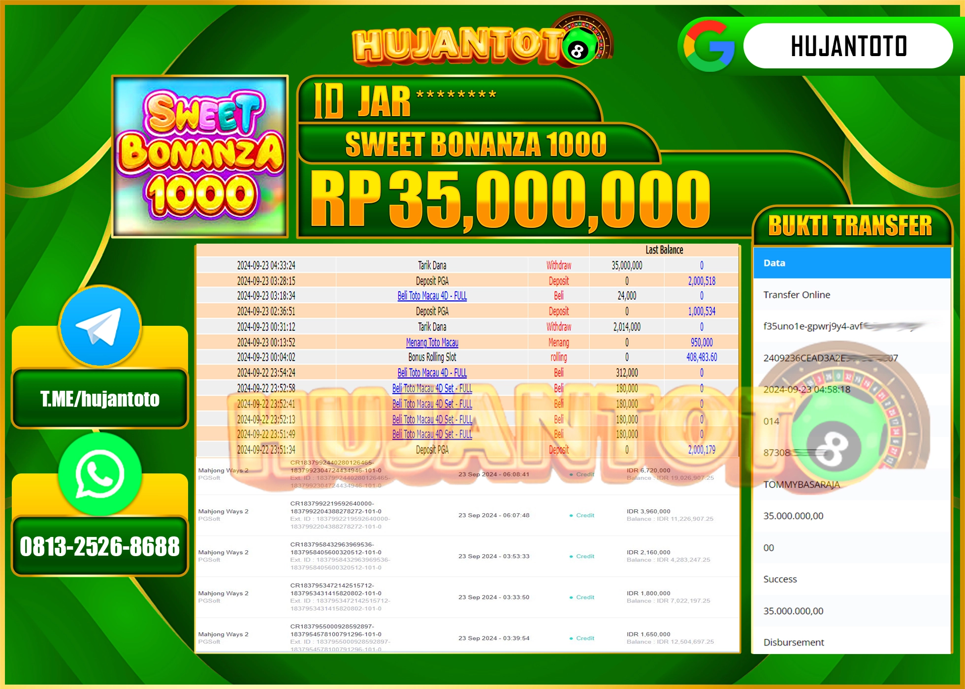 HUJANTOTO MENANG BESAR DI PERMAINAN SLOT SWEET BONANZA 1000 , 35,000,000 - LUNAS 