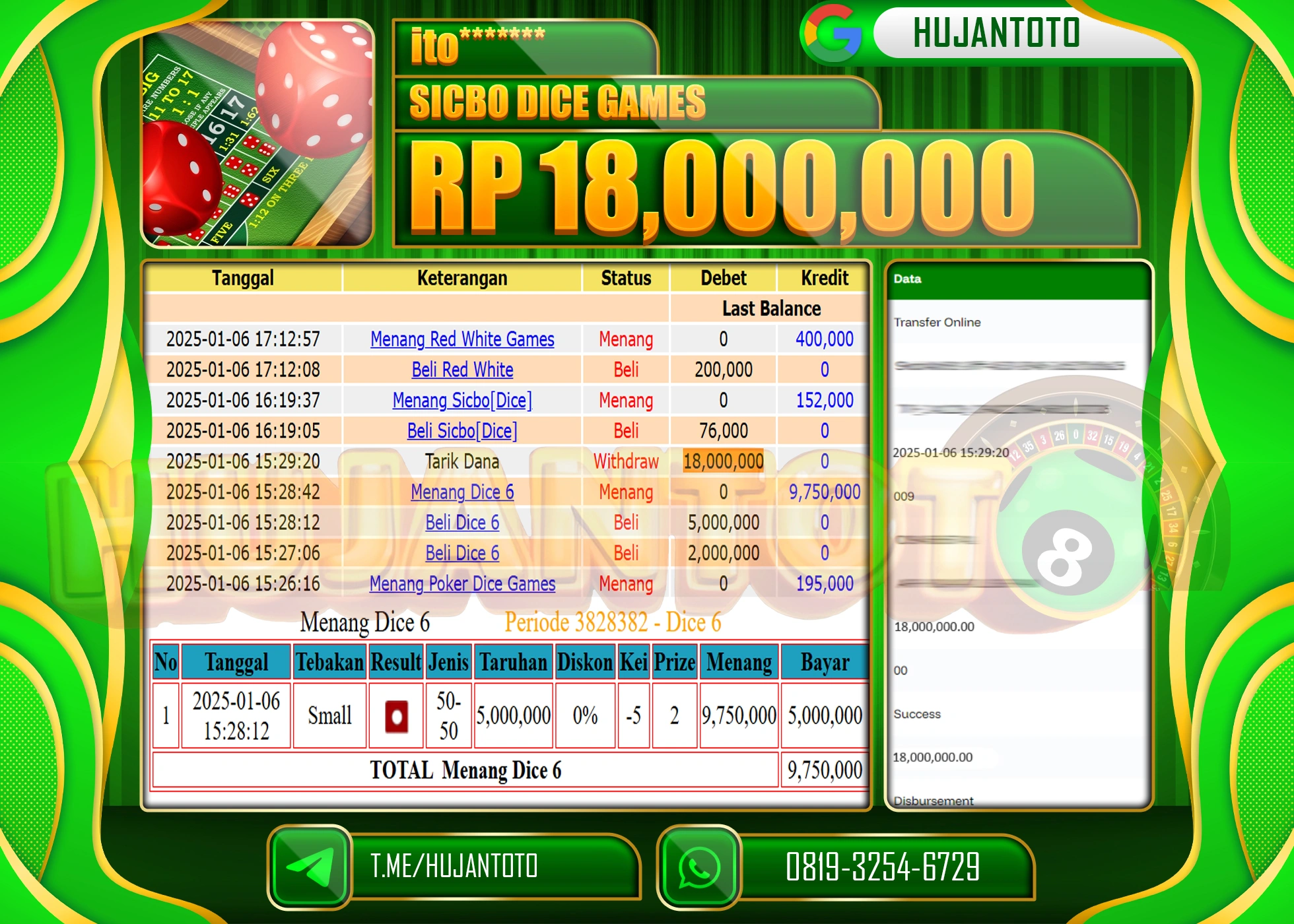 HUJANTOTO - BUKTI JACKPOT DI PERMAINAN LIVE SICBO DICE GAMES Rp.18,000,000,- TERBAYAR LUNAS