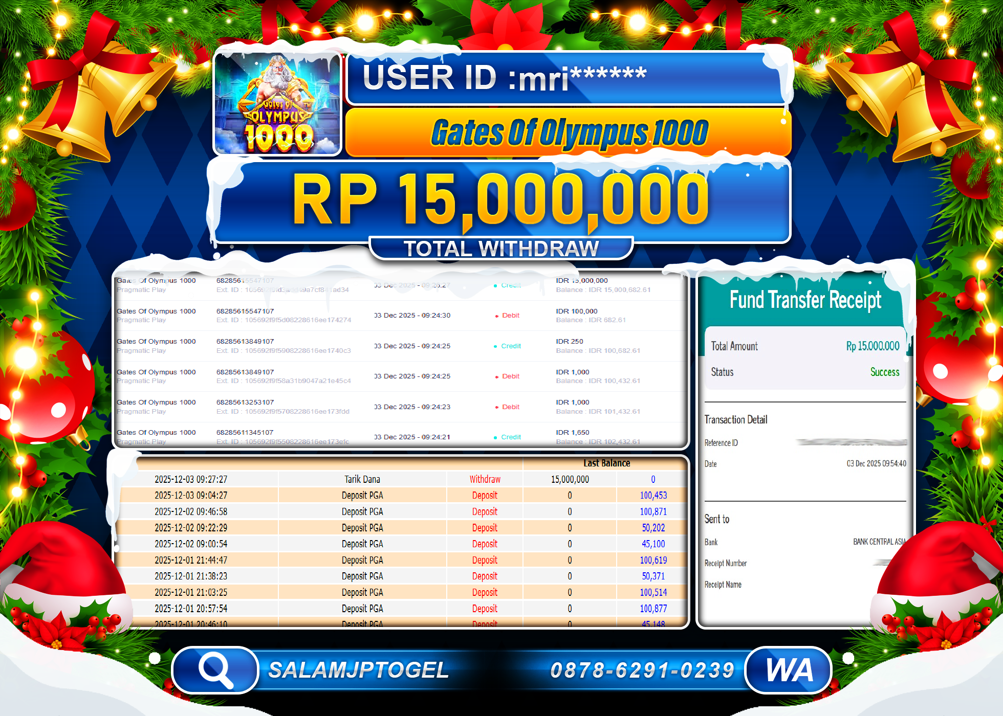 SALAMJPTOGEL JACKPOT GATE OF OLYMPUS 1000 Rp.15,000,000  - LUNAS