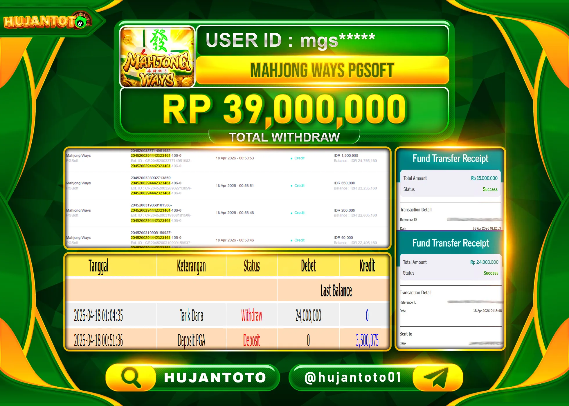 HUJANTOTO - BUKTI JACKPOT MENANG SLOT MAHJONG WAYS Rp.39.000,000 - TERBAYAR LUNAS