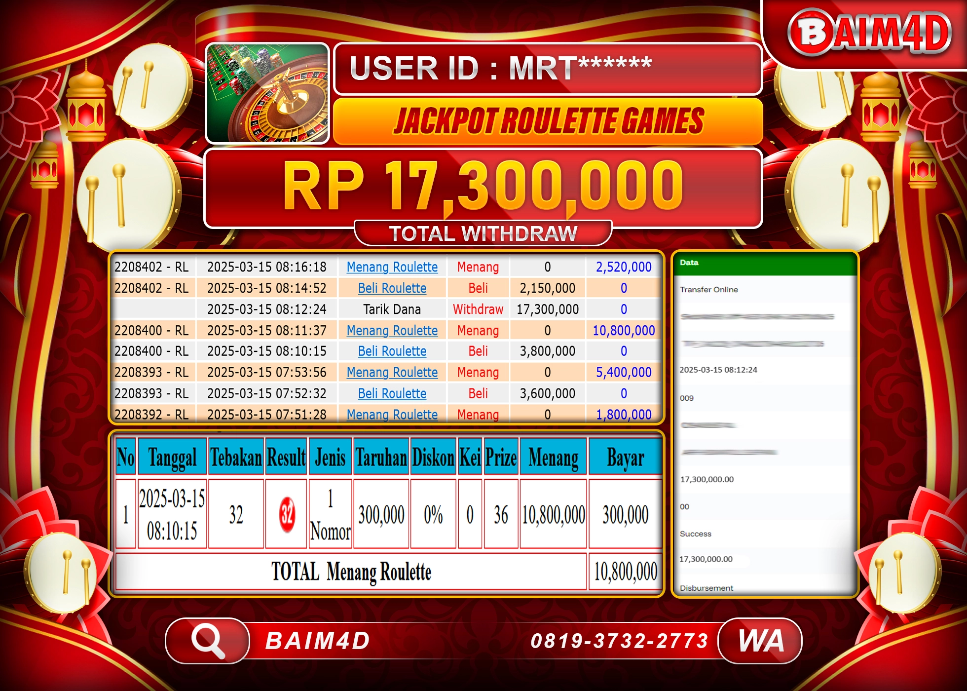 BAIM4D JACKPOT ROULETTE  GAMES Rp.17.300,000.- LUNAS