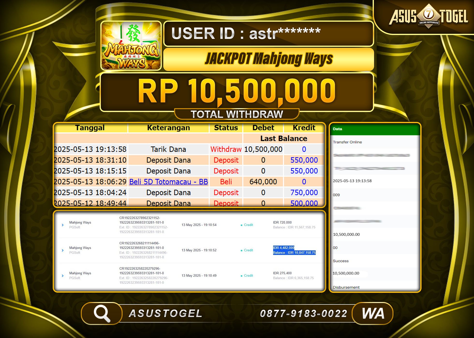 ASUSTOGEL KEMENANGAN DI SLOT MAHJONG WAYS SEBESAR 10,500,000- RUPIAH LUNAS