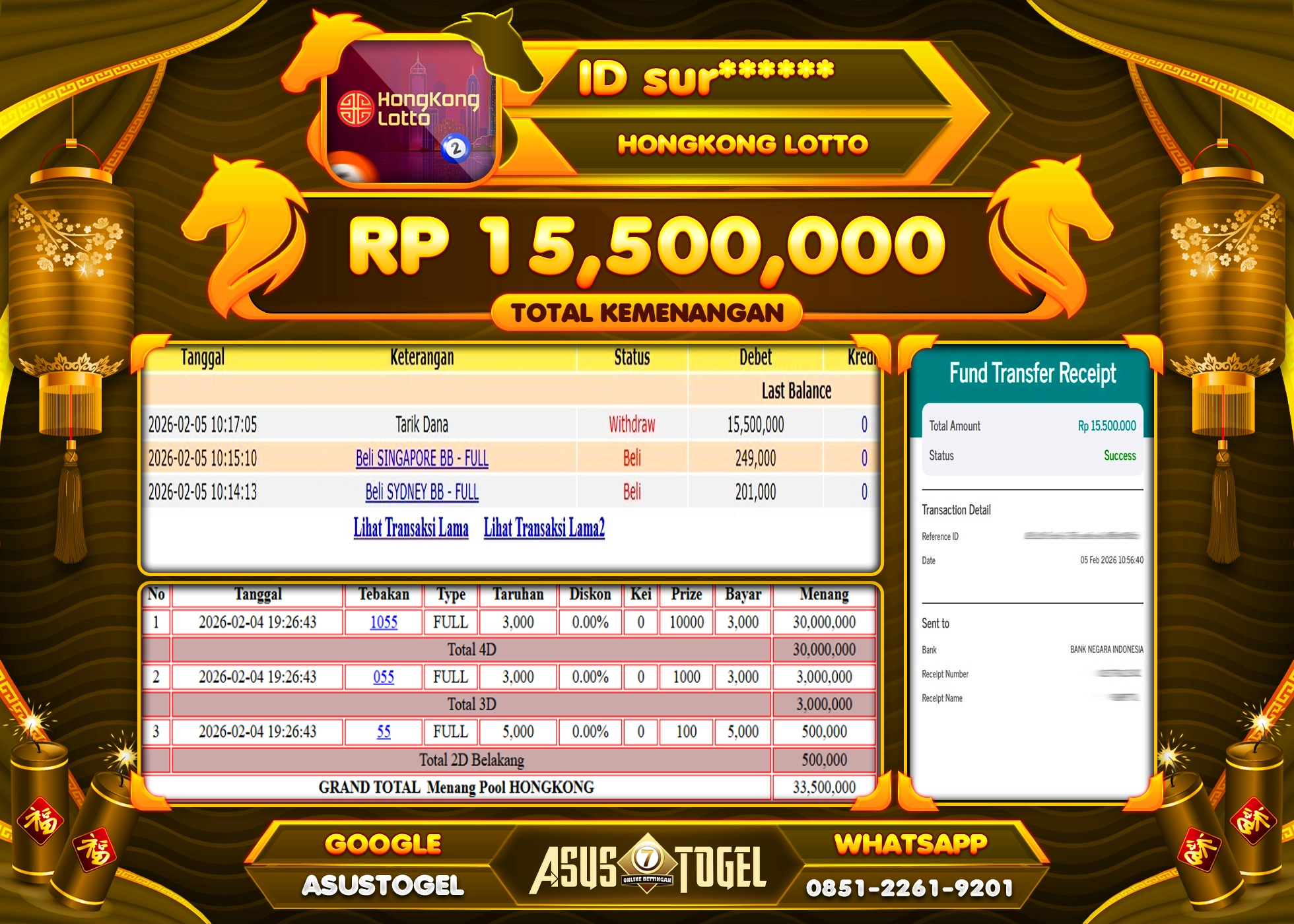 ASUSTOGEL KEMENANGAN DI TOGEL HONGKONG LOTTO SEBESAR 15,500,000 - RUPIAH LUNAS