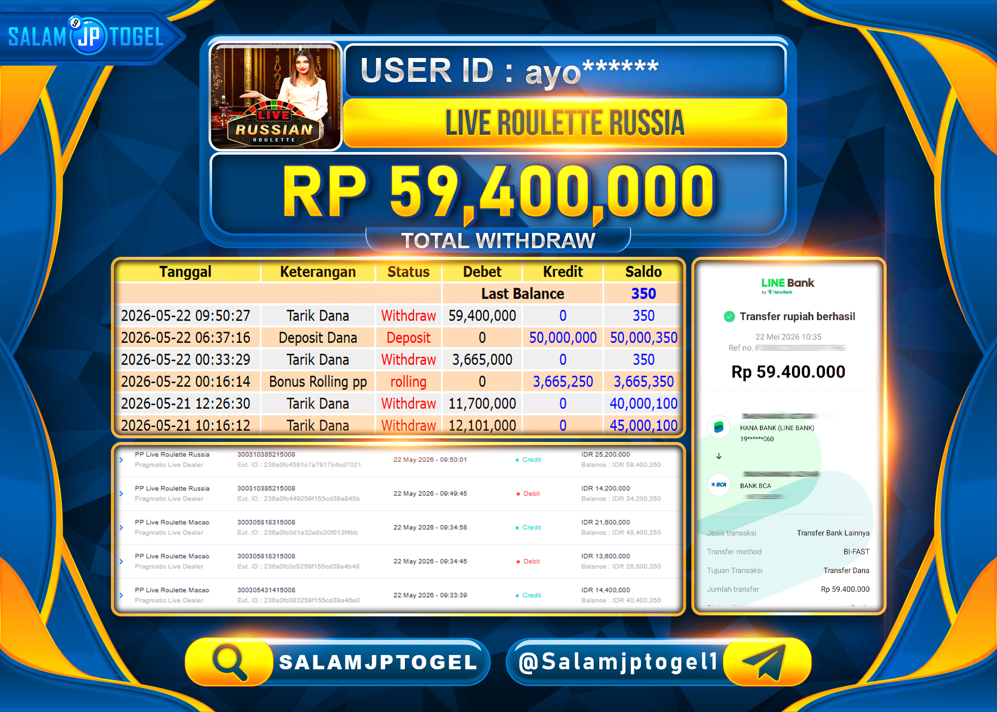 SALAMJPTOGEL JACKPOT Menang PP Live Roulette Russia PP LIVE Rp.11,000,000 - LUNAS