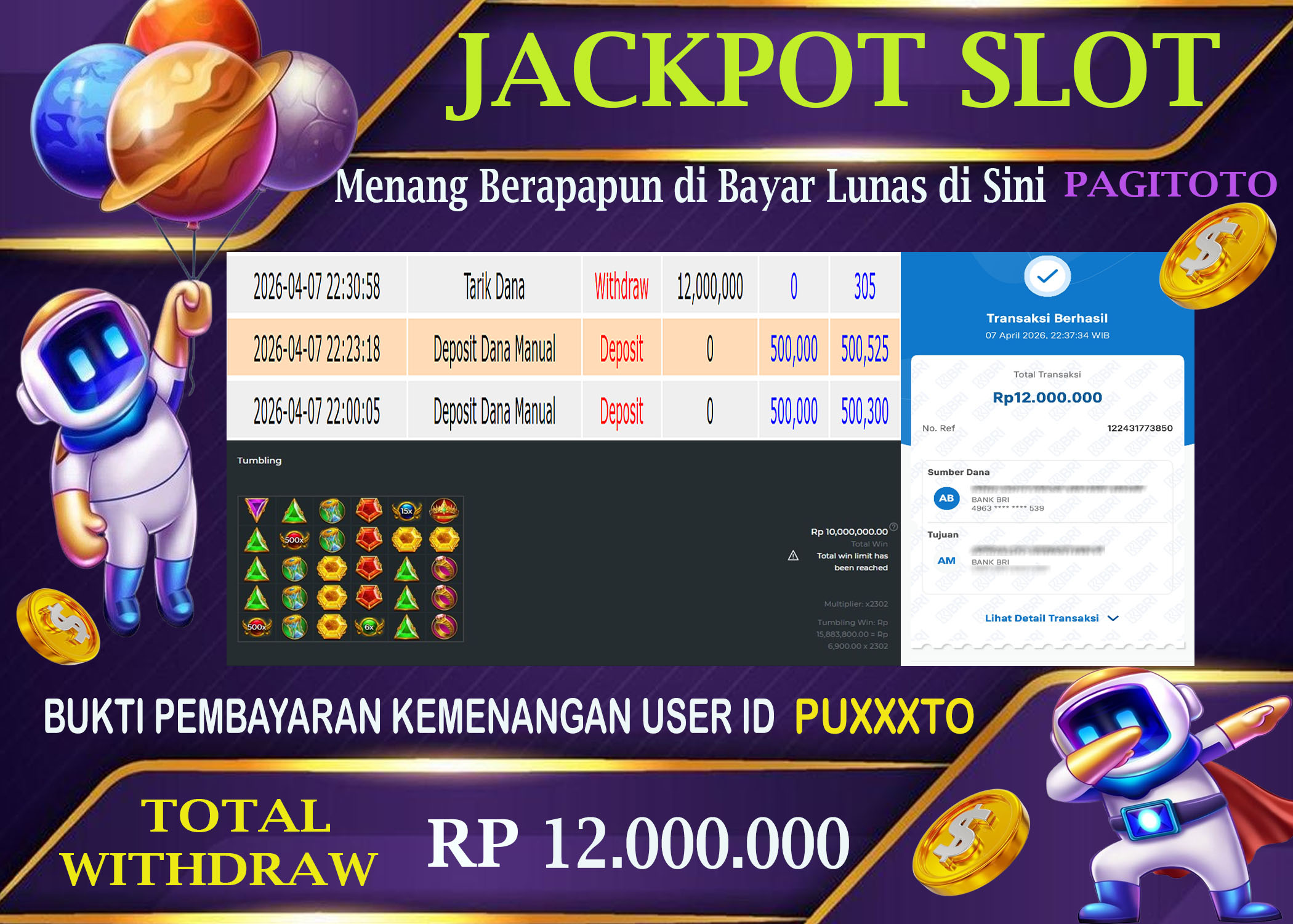 HAPPY JACKPOT MEMBER PAGITOTO SLOT GATES OF OLYMPUS 1000 Rp  12.000.000-, - LUNAS
