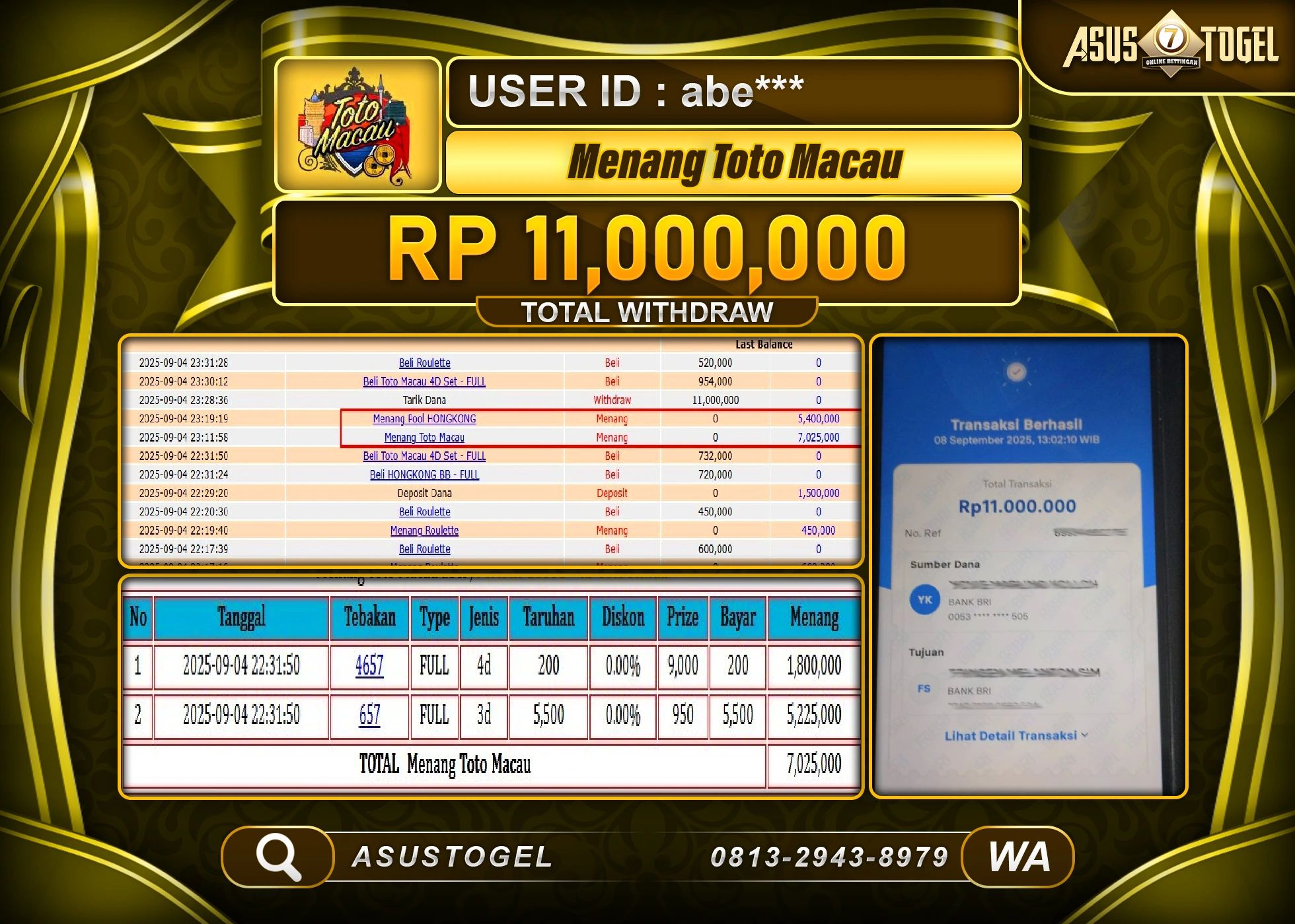 ASUSTOGEL KEMENANGAN DI TOGEL TOTO MACAU 4D SEBESAR 11,000,000- RUPIAH LUNAS
