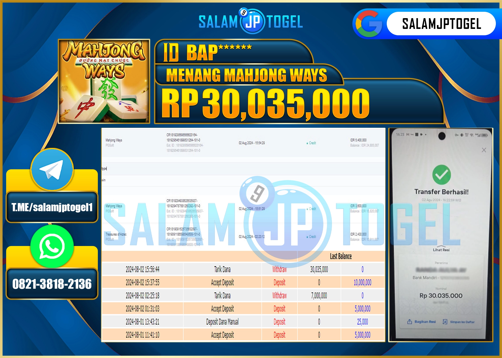 SALAMJPTOGEL MENANG SLOT MAHJONG WAYS RP. 30,035,000 LUNAS