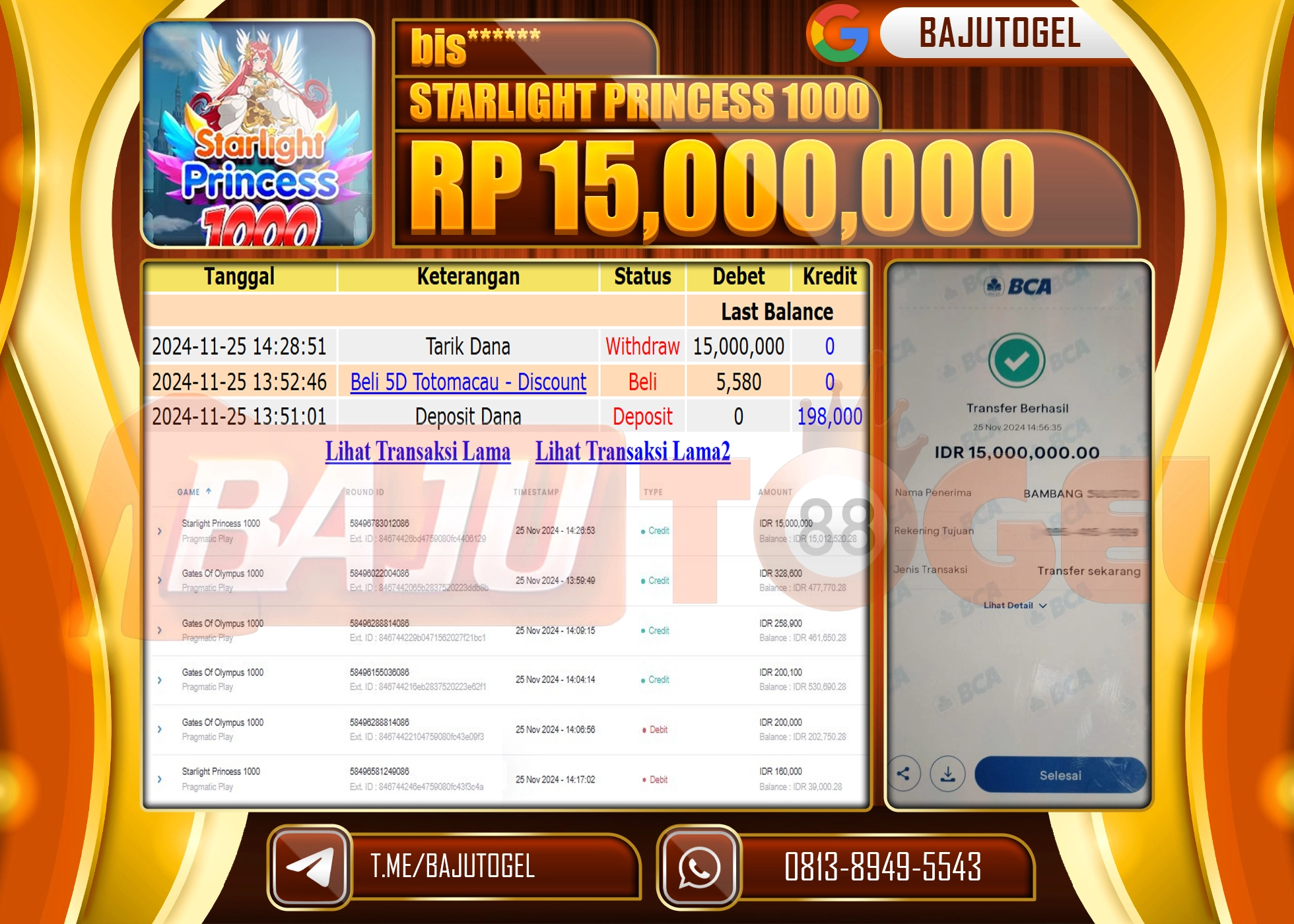 BAJUTOGEL JACKPOT STARLIGHT PRINCESS 1000 Rp.15.000.000 LUNAS