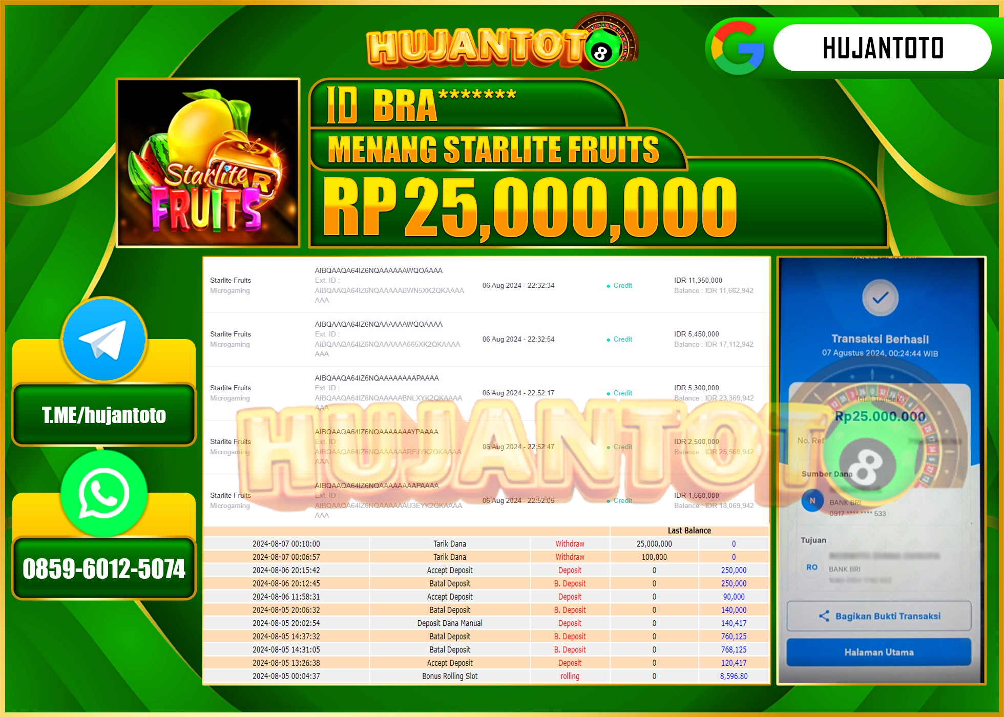HUJANTOTO MENANG BESAR DI PERMAINAN SLOT STARLITE FRUITS 25.000.000 - LUNAS 