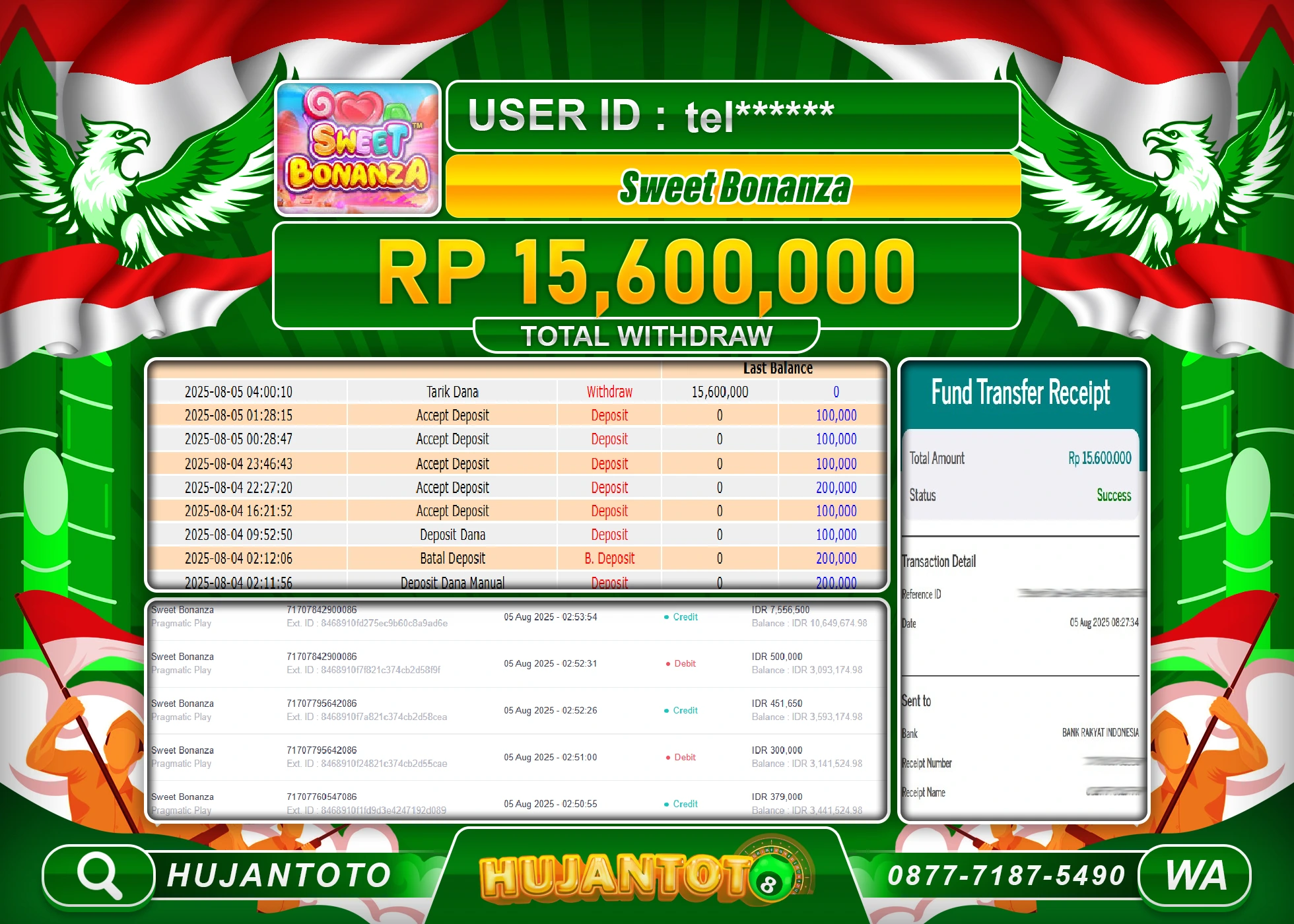 HUJANTOTO - BUKTI JACKPOT MENANG SWEET BONANZA PRAGMATIC PLAY Rp.15,600,000 - TERBAYAR LUNAS