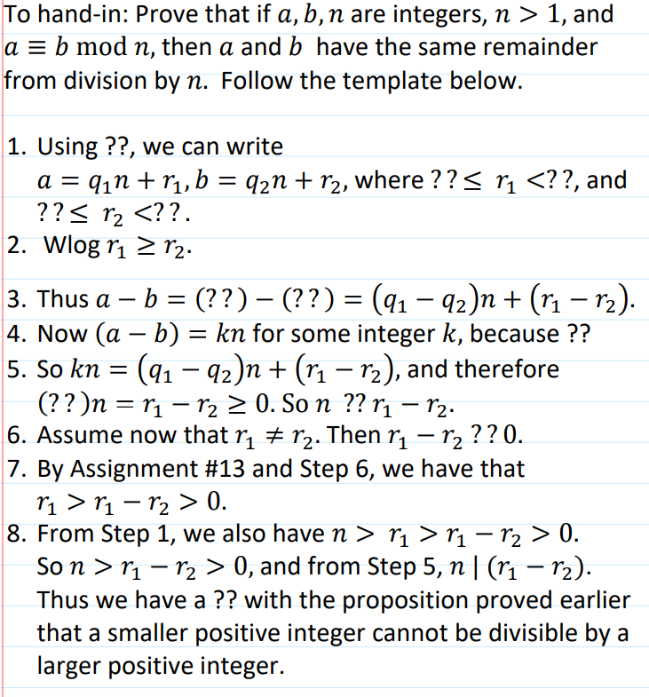 Solved A B Mod N, Then A And B Have The Same Remainder From | Chegg.com