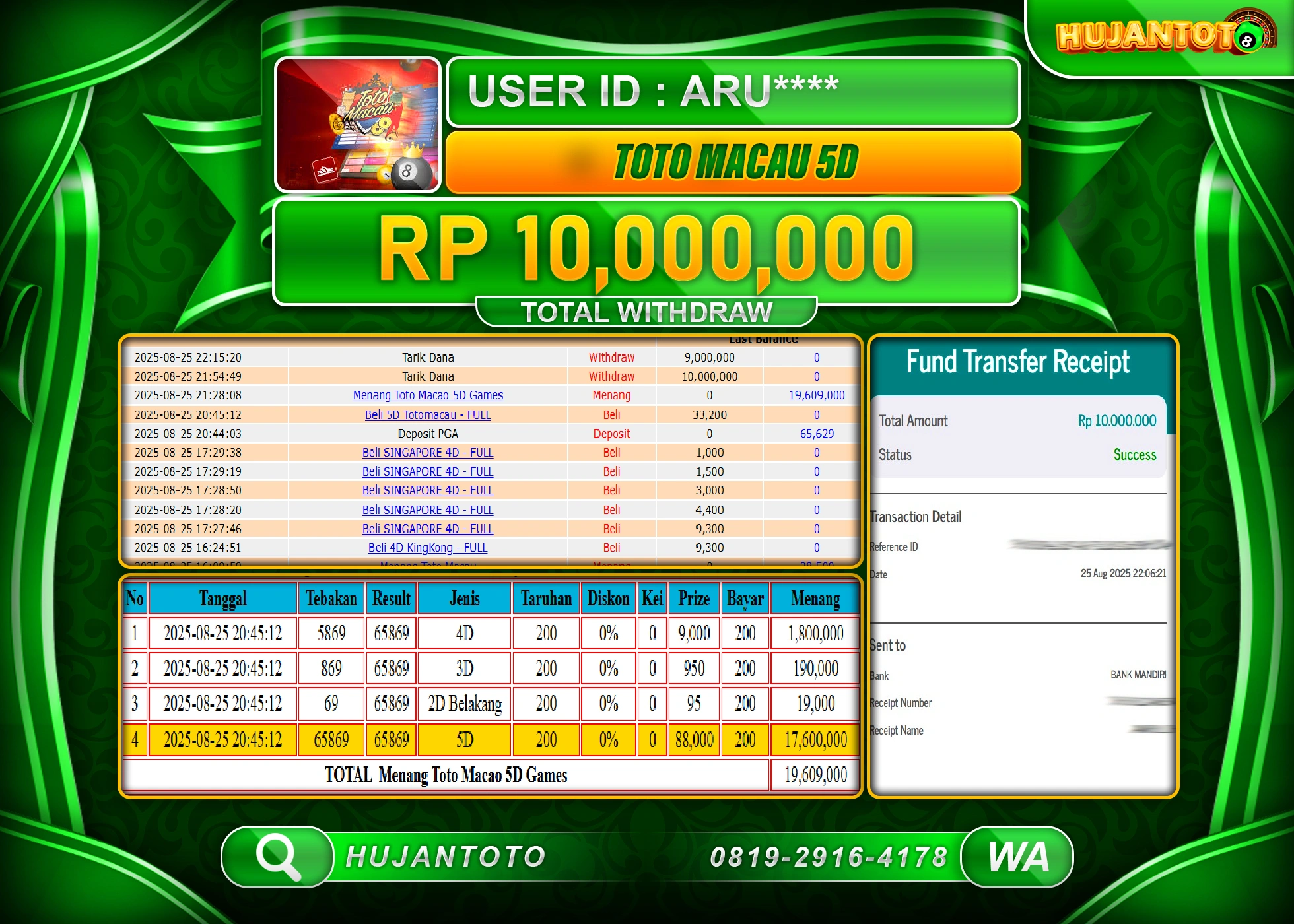 HUJANTOTO - BUKTI JACKPOT MENANG TOGEL TOTO MACAU 5D Rp.10,000,000 - TERBAYAR LUNAS