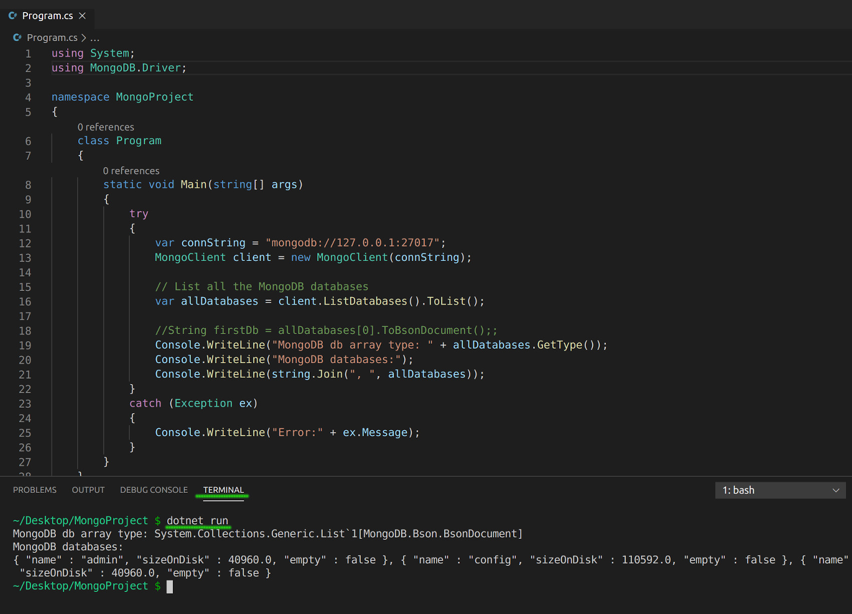 Screenshot of C# MongoDB returning an array of MongoDB databases in a Dotnet VS Code project