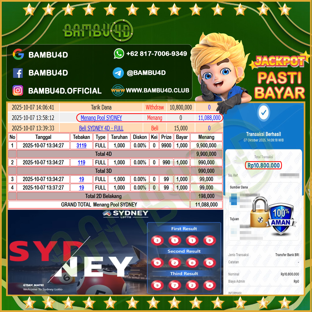BAMBU4D JACKPOT TOGEL SYDNEY LOTTO Rp.11.088.000,- LUNAS
