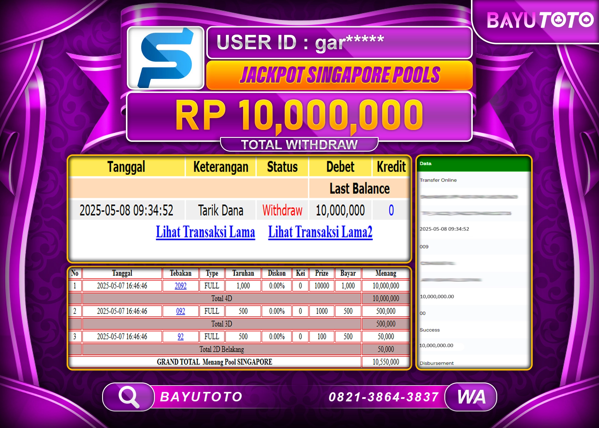 BAYUTOTO JACKPOT TOGEL PASARAN SINGAPORE POOLS Rp.10,000,000 LUNAS