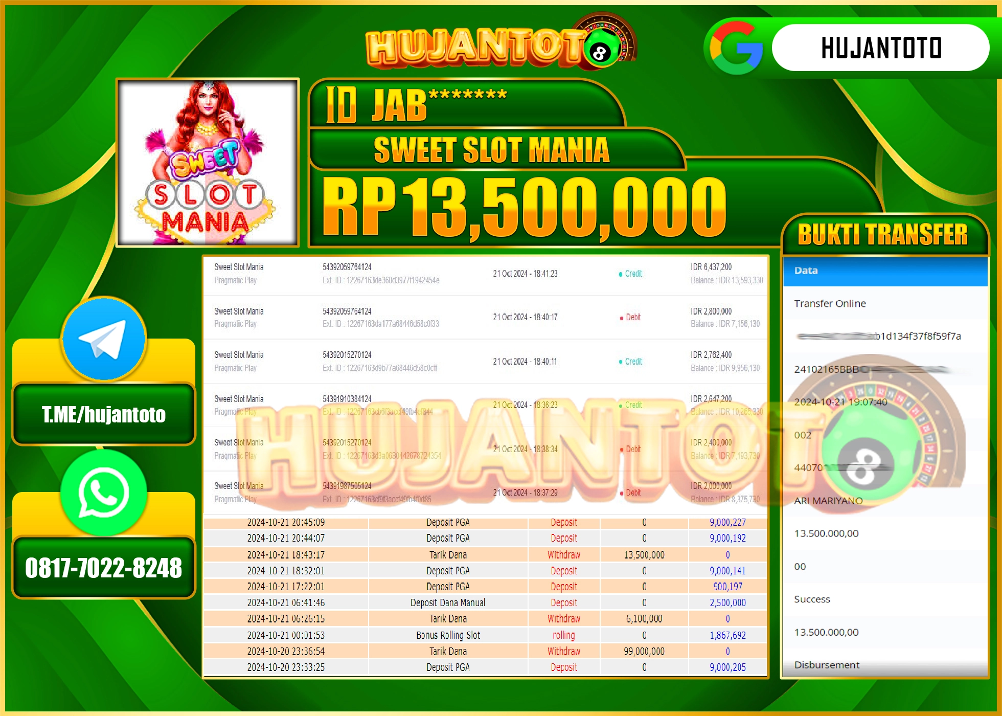HUJANTOTO MENANG DI PERMAINAN SLOT SWEET SLOT MANIA - 13,500,000 - LUNAS