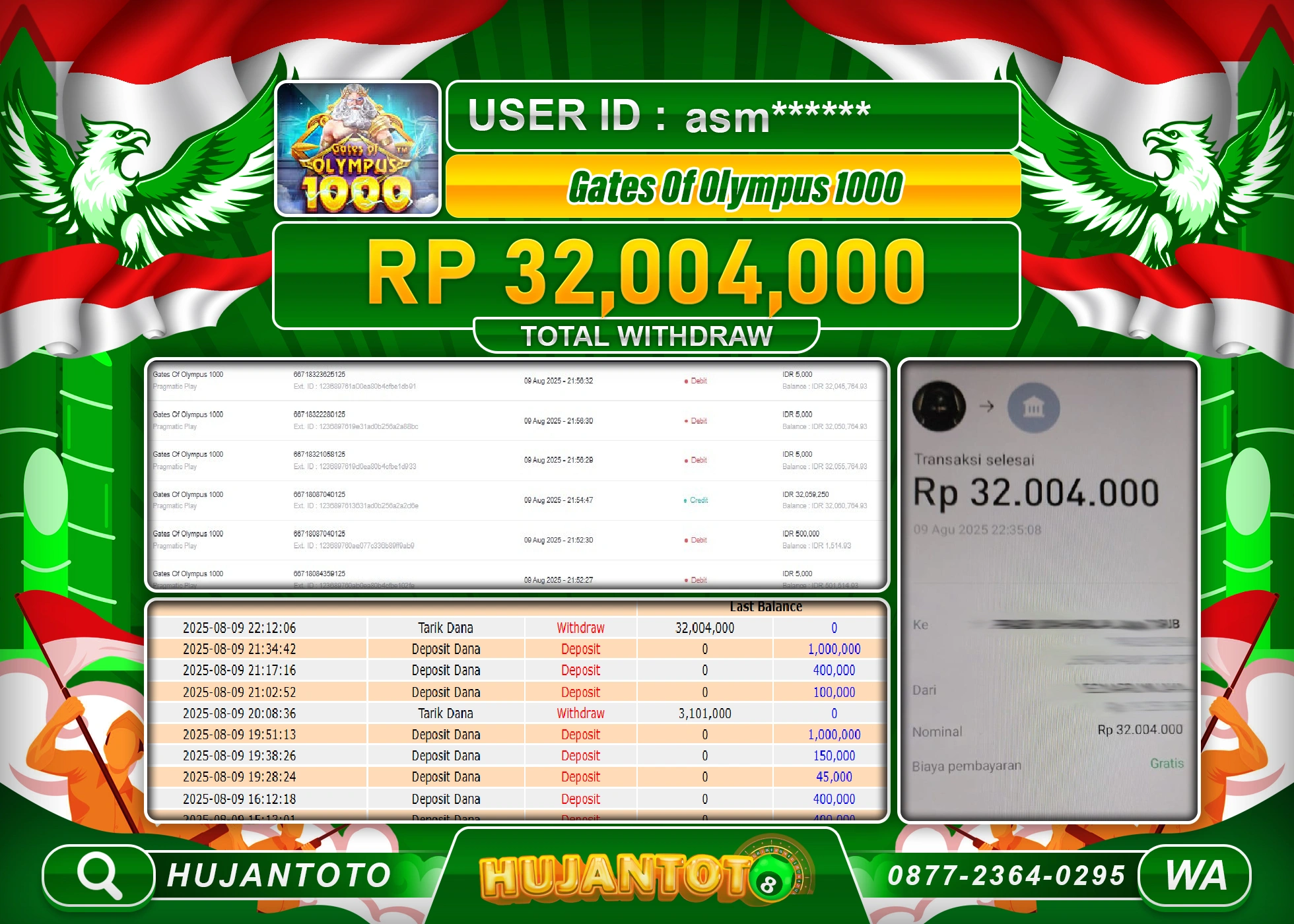 HUJANTOTO - BUKTI JACKPOT MENANG SLOT GATES OF OLYMPUS 1000 Rp.32,004,000 - TERBAYAR LUNAS