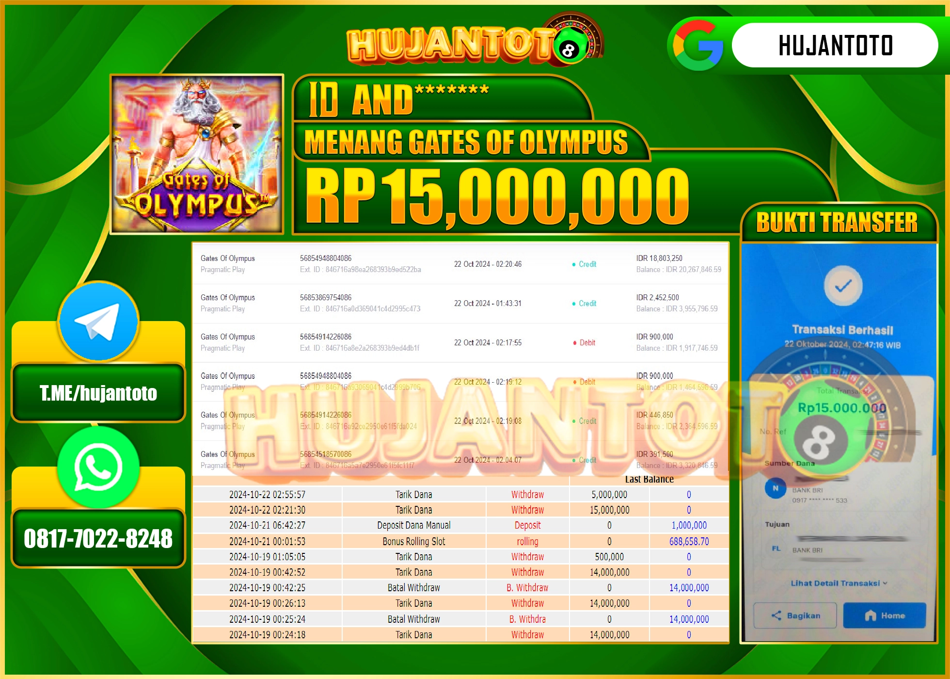 HUJANTOTO MENANG DI PERMAINAN SLOT GATES OF OLYMPUS - 15,000,000 - LUNAS