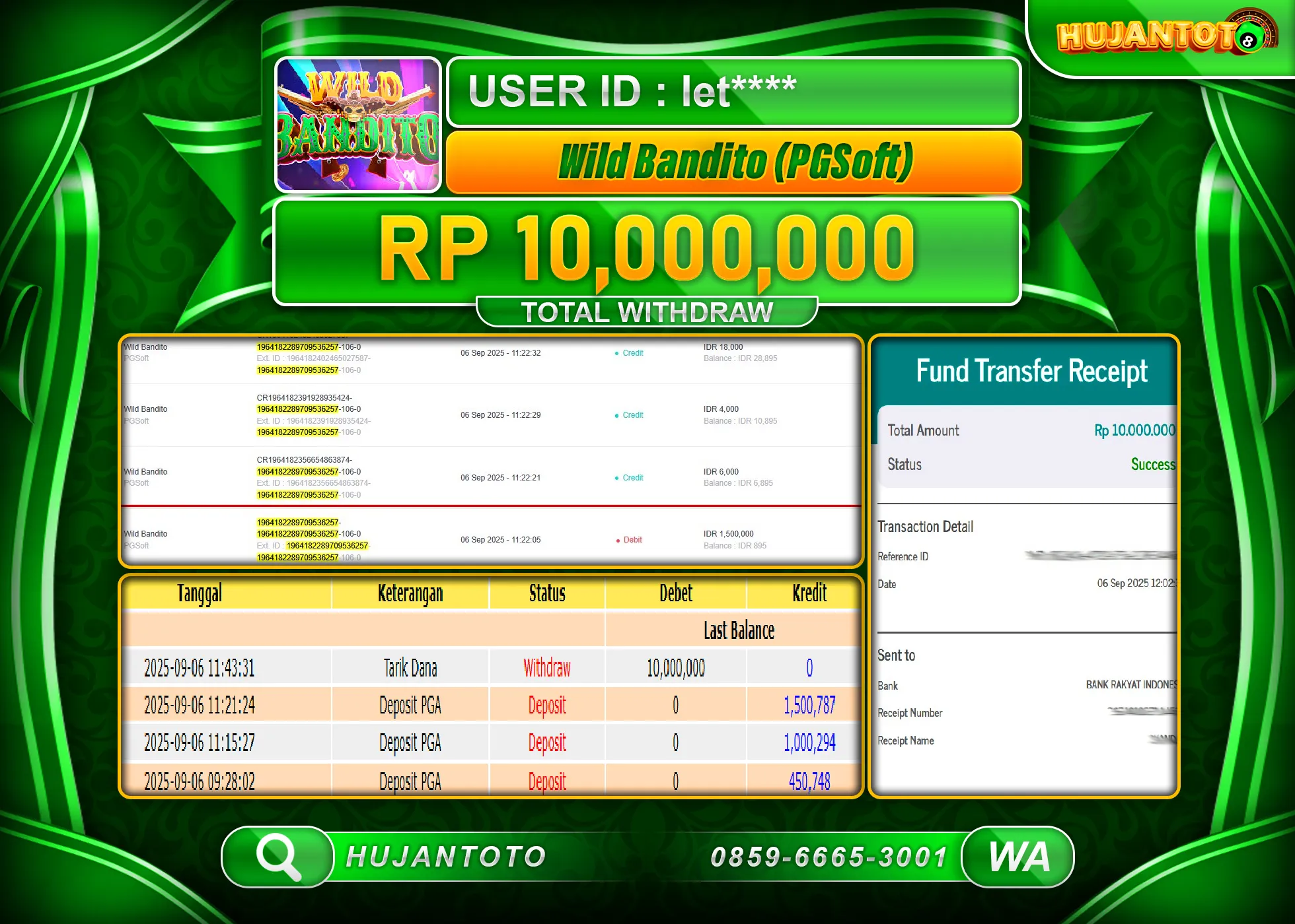 HUJANTOTO - BUKTI JACKPOT MENANG SLOT WILD BANDITO PGSOFT Rp.10,000,000 - TERBAYAR LUNAS