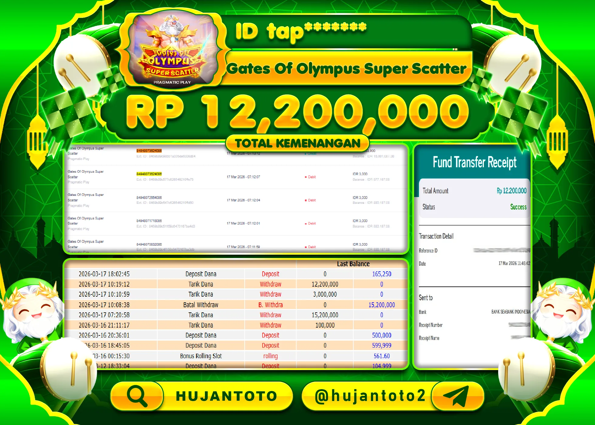 HUJANTOTO - BUKTI JACKPOT MENANG SLOT GATES OF OLYMPUS SUPER SCATTER Rp.12,200,000 - TERBAYAR LUNAS