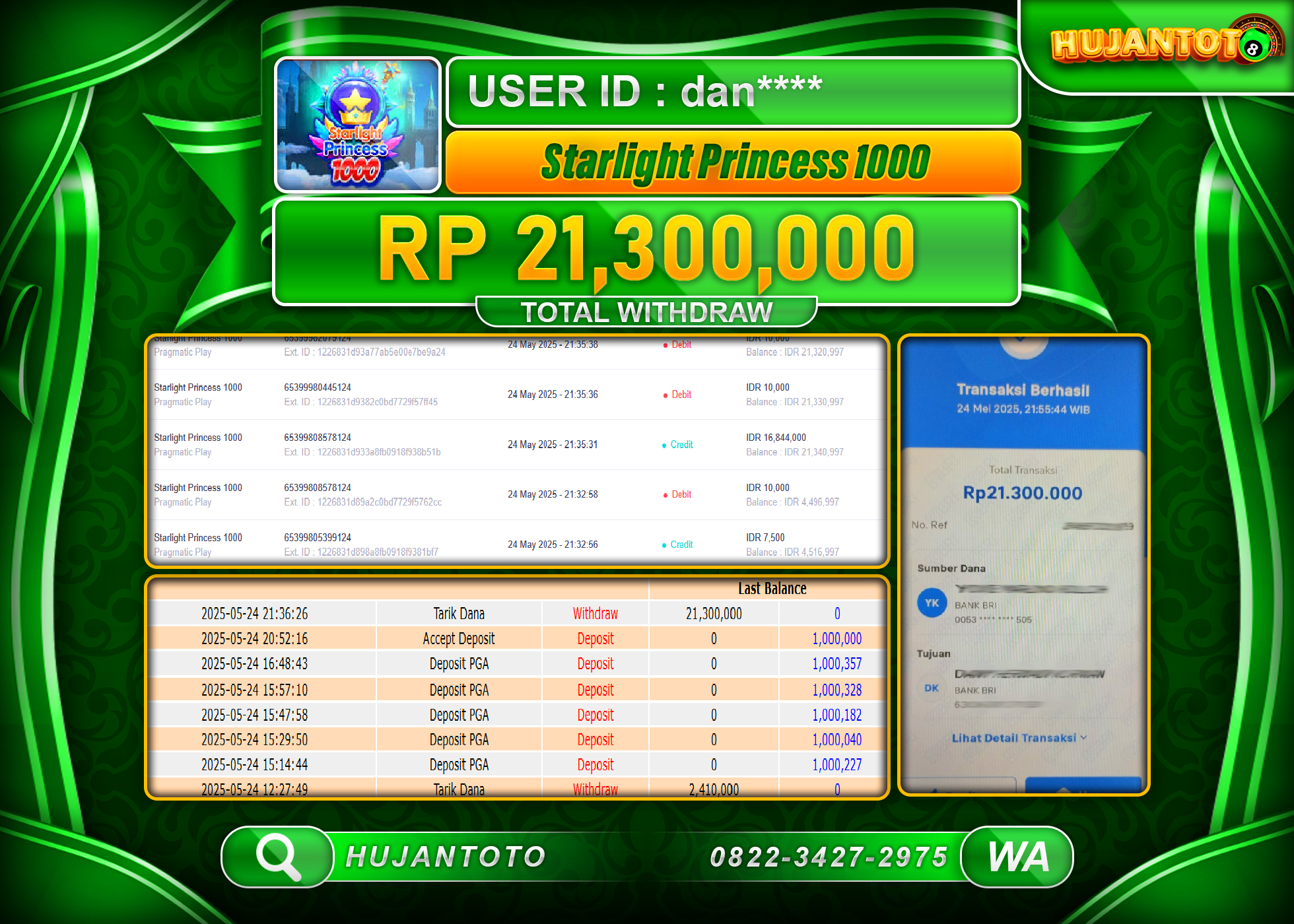 HUJANTOTO - BUKTI JACKPOT MENANG SLOT STARLIGHT PRINCESS 1000 - Rp,21,300,000 - TERBAYAR LUNAS