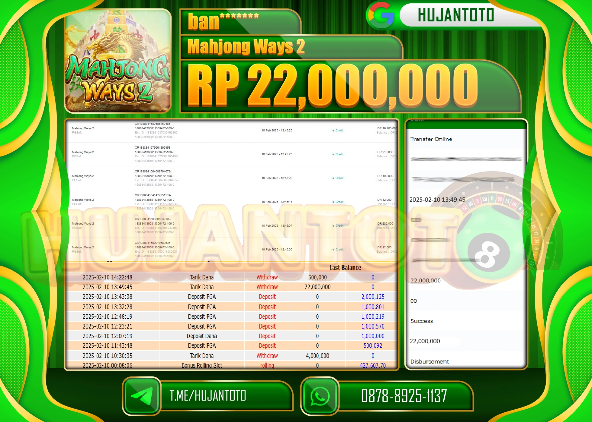 HUJANTOTO - BUKTI JACKPOT MENANG SLOT MAHJONG WAYS 2 Rp,22,000,000 - TERBAYAR LUNAS