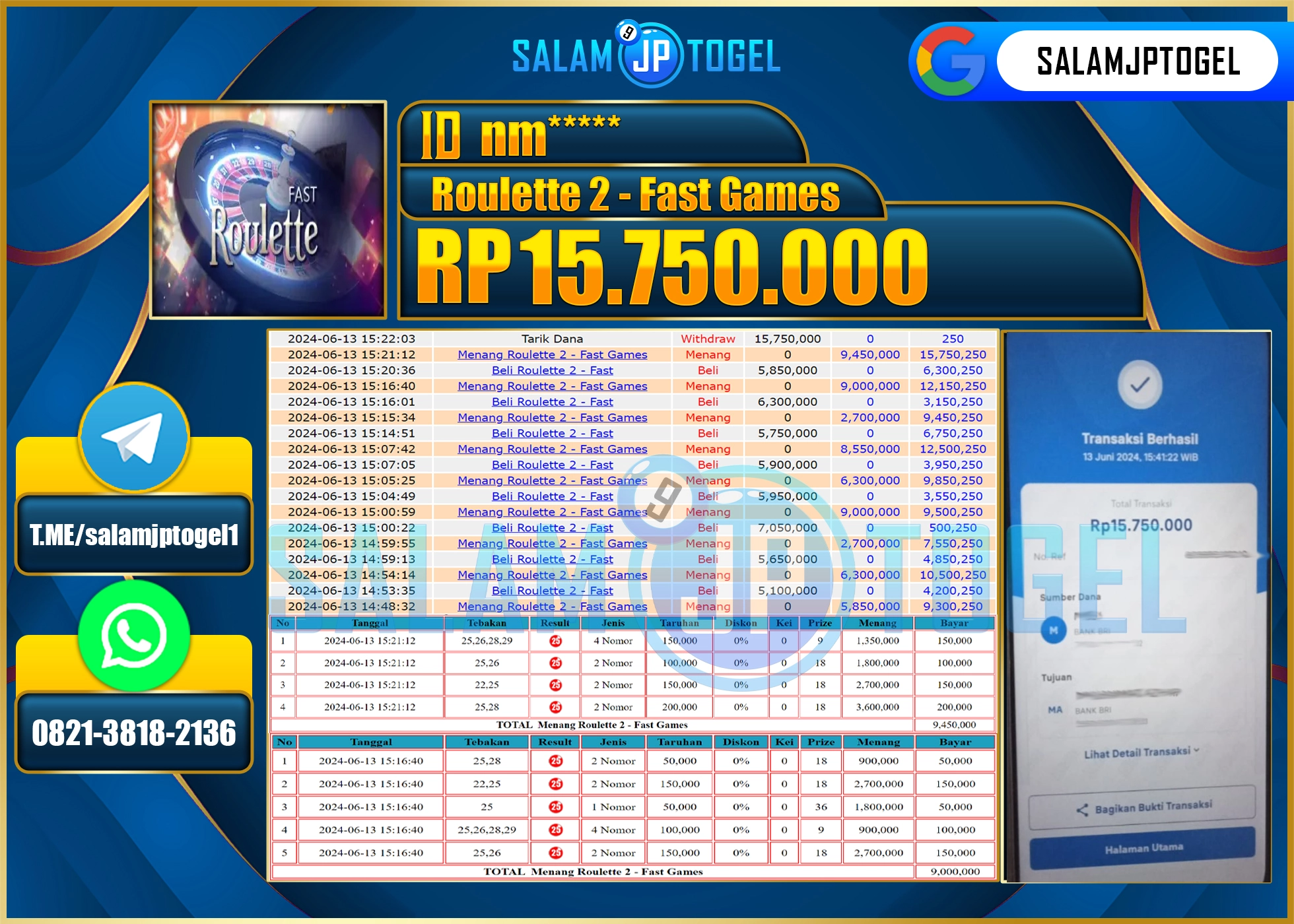 SALAMJPTOGEL MENANG Roulette 2 - Fast Games RP. 15,750,000.,LUNAS