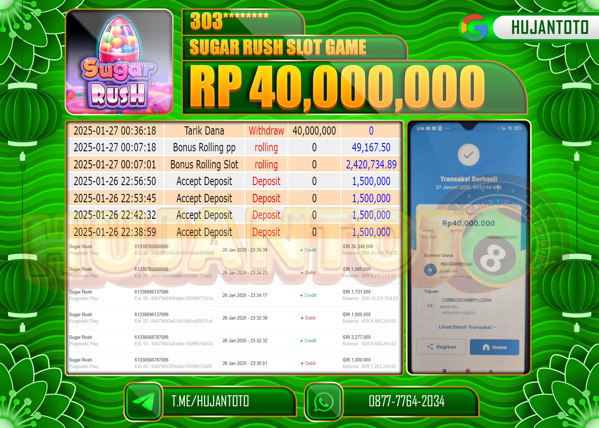 HUJANTOTO - BUKTI JACKPOT MENANG SUGAR RUSH SLOT GAME Rp,40,000,000 - TERBAYAR LUNAS