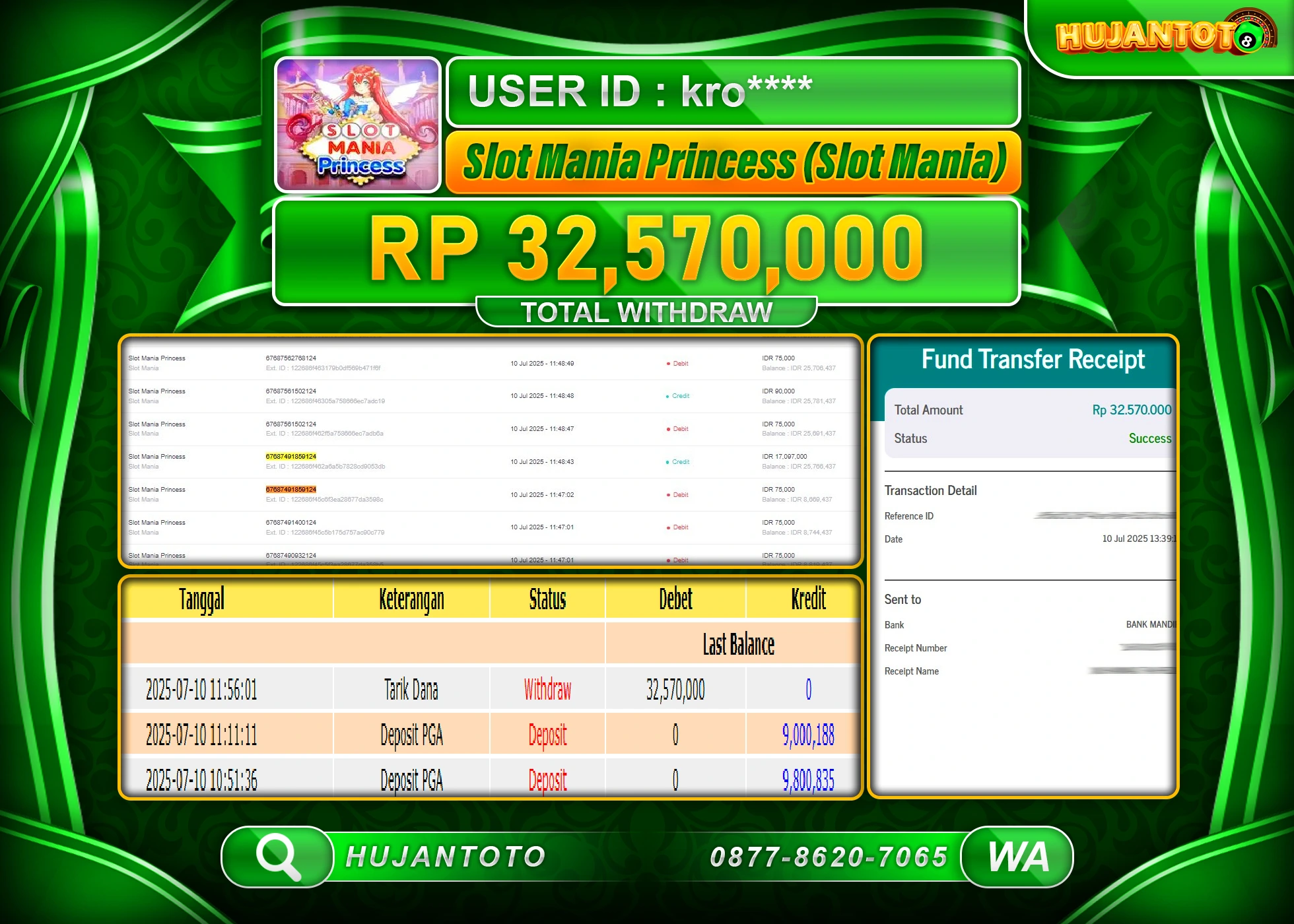 HUJANTOTO - BUKTI JACKPOT MENANG SLOT SLOT MANUA STARLIGHT PRINCESS Rp.32,570,000 - TERBAYAR LUNAS
