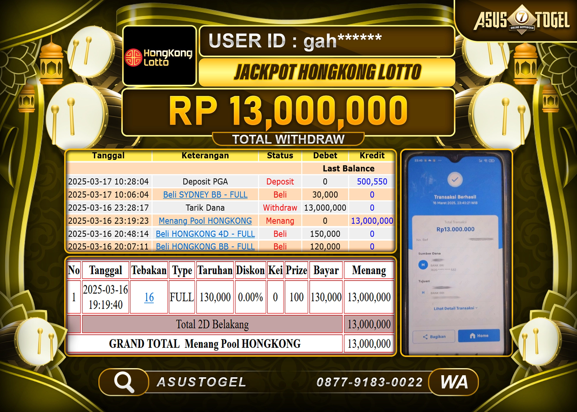 ASUSTOGEL KEMENANGAN DI TOGEL HONGKONG LOTTO  SEBESAR 13,000,000- RUPIAH LUNAS