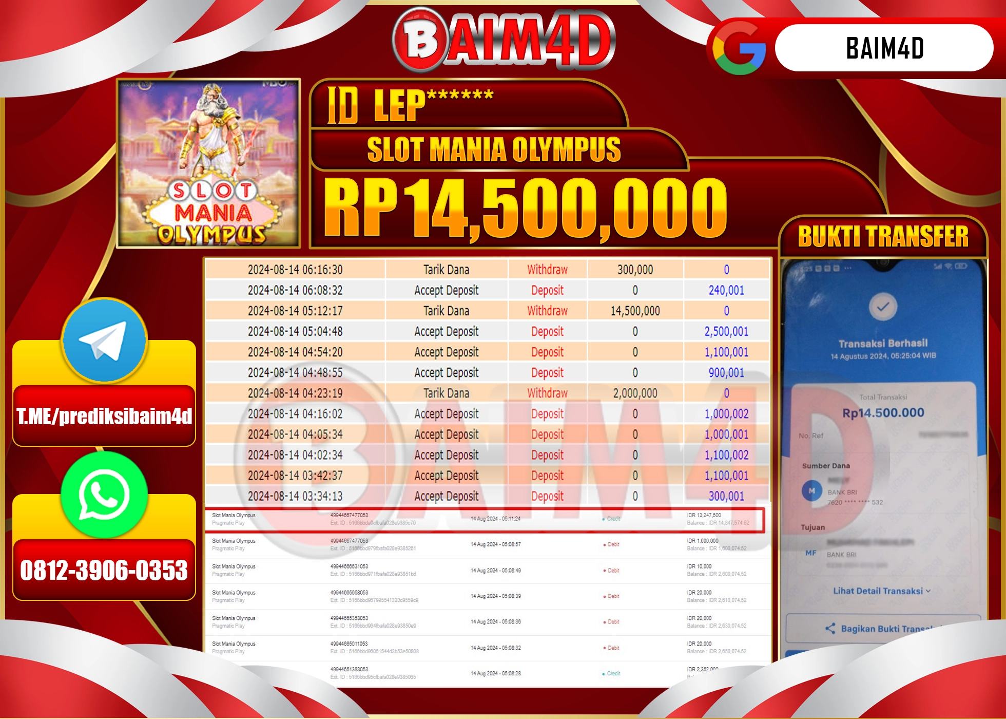 BAIM4D JACKPOT SLOT MANIA OLYMPUS Rp.14.500,000.- LUNAS