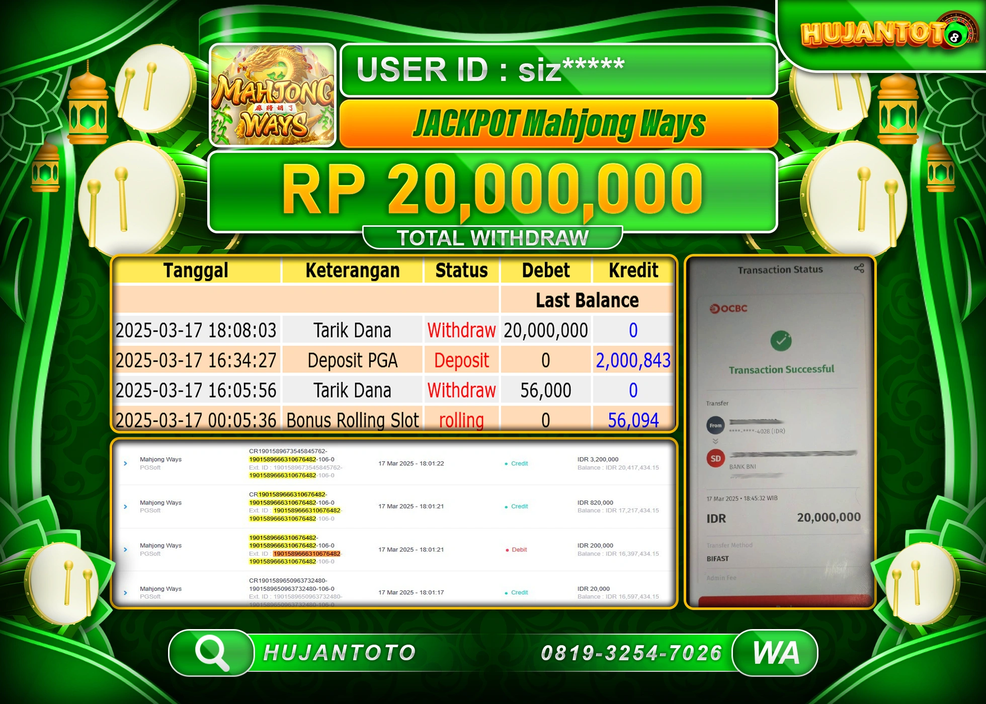 HUJANTOTO - BUKTI JACKPOT MENANG SLOT MAHJONG WAYS Rp,20,000,000  - TERBAYAR LUNAS 