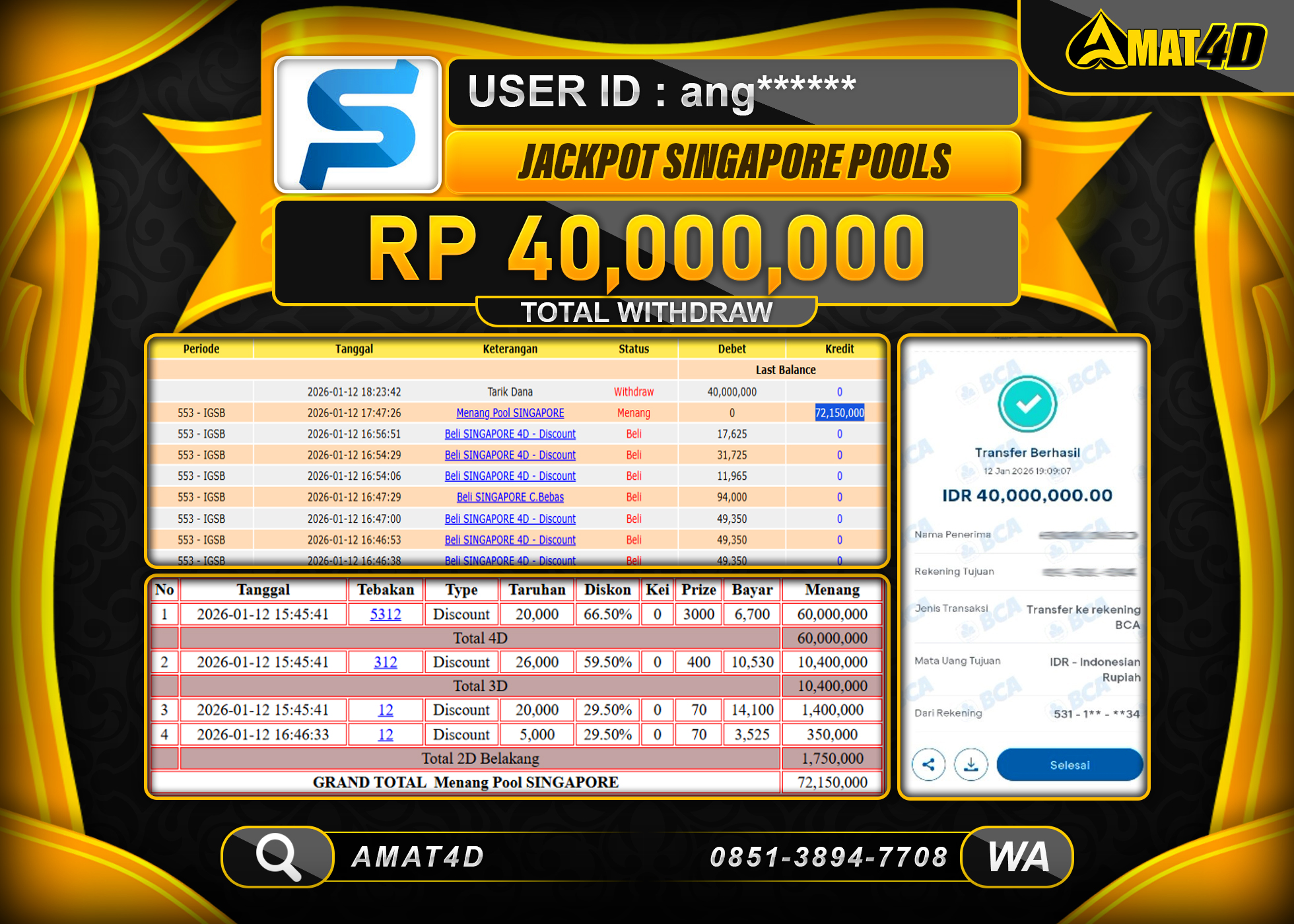AMAT4D KEMENANGAN DI PASARAN SINGAPORE POOLS  Rp.40,000,000 BERHASIL TERBAYAR LUNAS