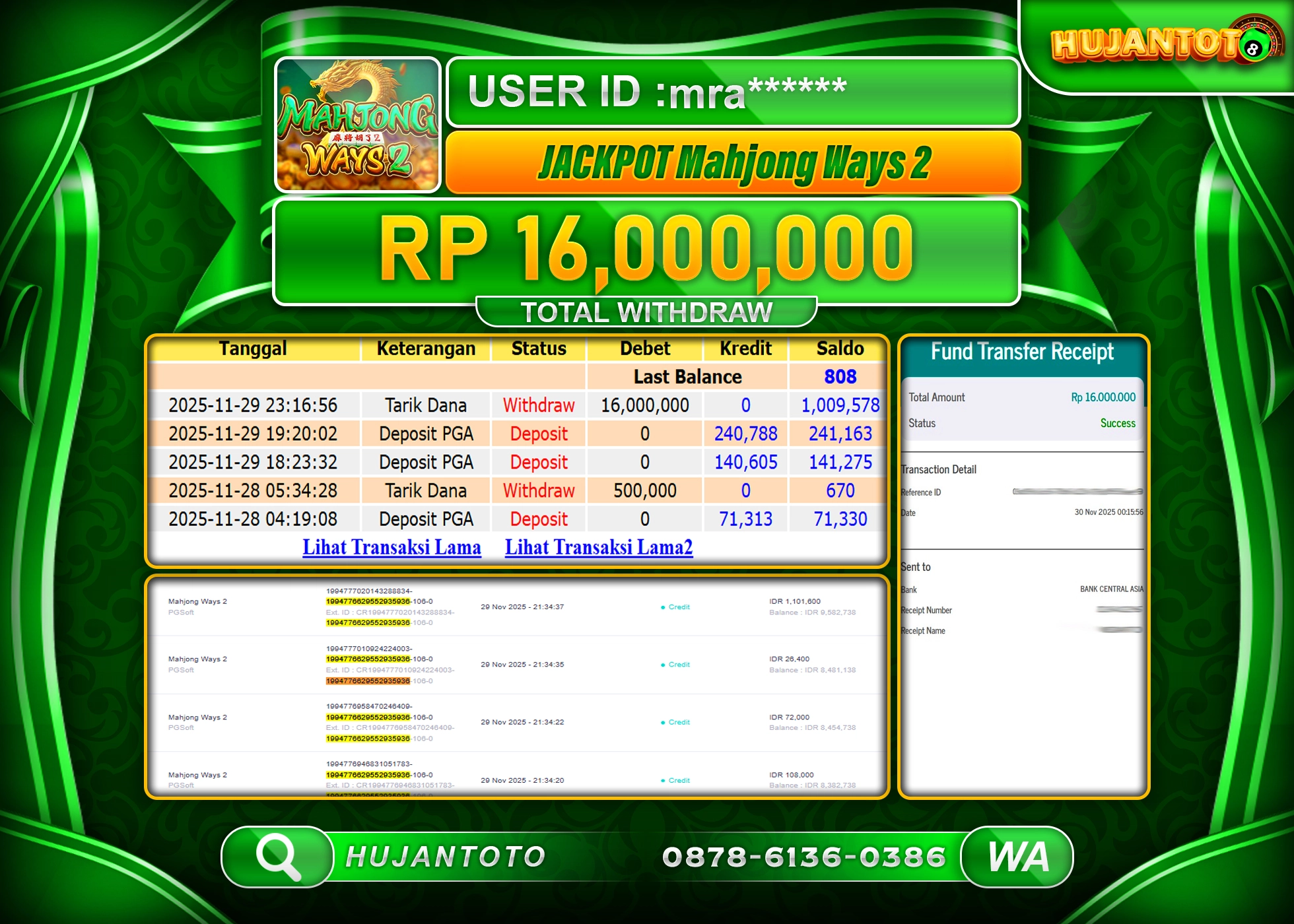 HUJANTOTO - BUKTI JACKPOT MENANG SLOT MAHJONG WAYS 2 Rp.16,000,000 - TERBAYAR LUNAS