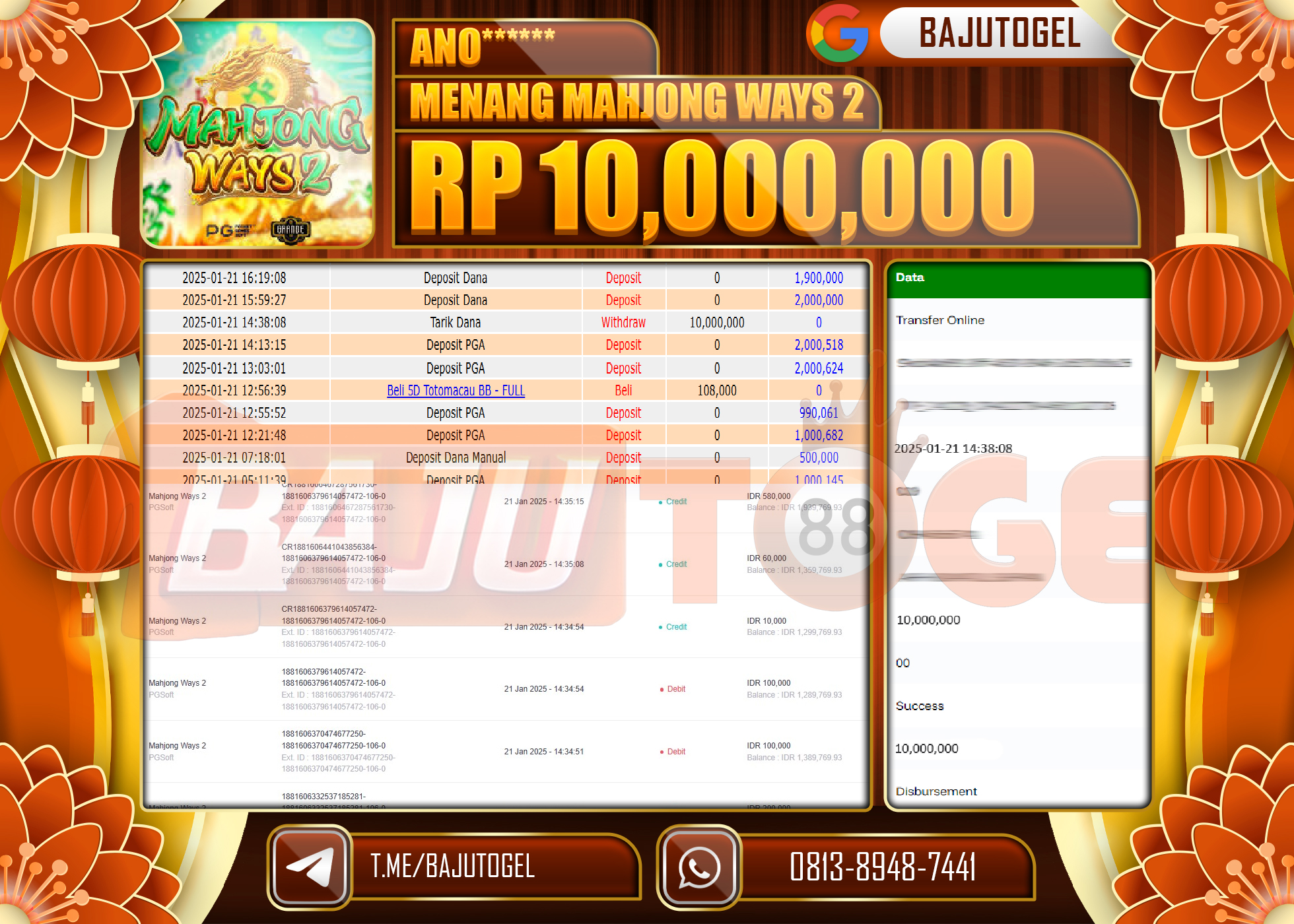 BAJUTOGEL KEMENANGAN MAHJONG WAYS 2 Rp.10.000.000 LUNAS