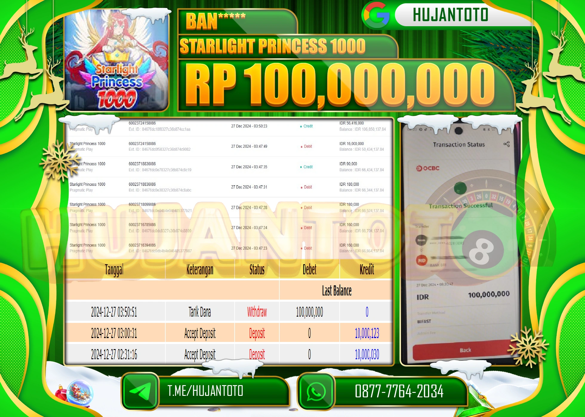 HUJANTOTO SELAMAT ATAS KEMENANGAN YANG DI RAIH DI PERMAINAN STARLIGHT PRINCESS 1000 SEBESAR 100,000,000 - TERBAYAR LUNAS