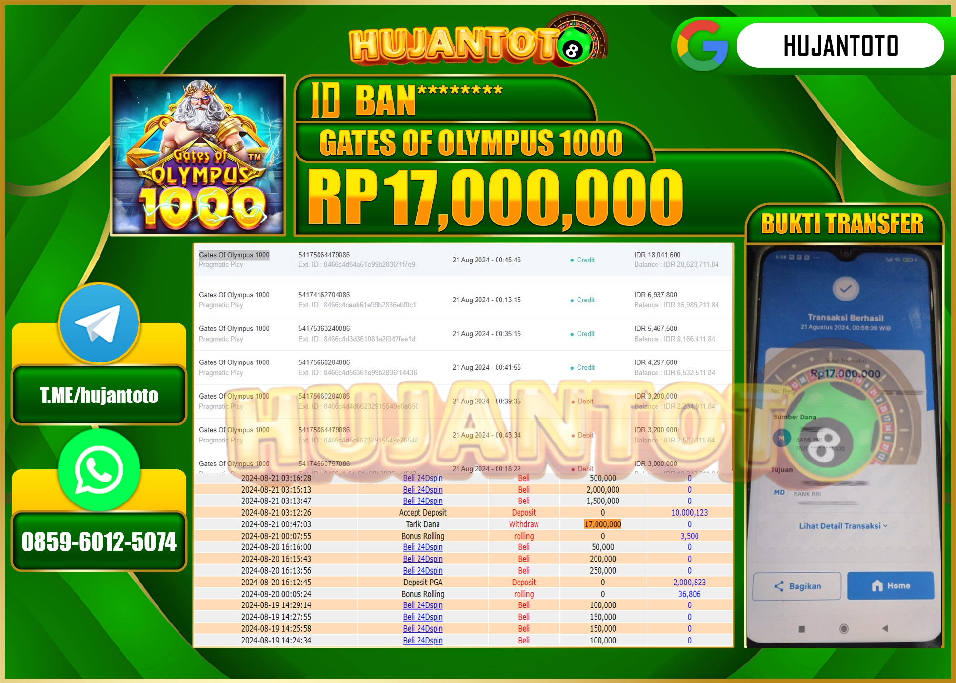 HUJANTOTO MENANG SLOT Gates Of Olympus 1000 (Pragmatic Play)  17.000.000 - LUNAS 
