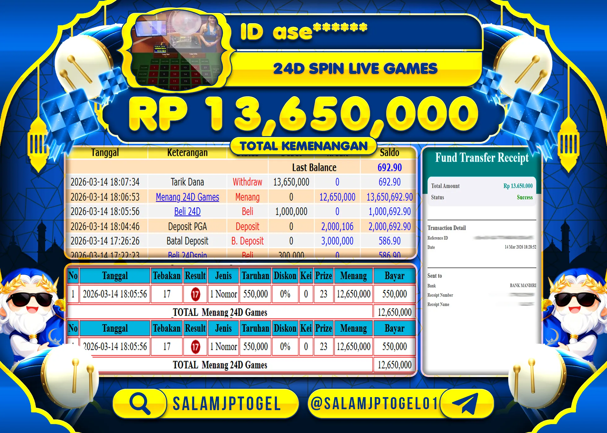 SALAMJPTOGEL MEMBER JACKPOT 24 D GAMES (LIVE GAMES) Rp.13,650,000 - LUNAS