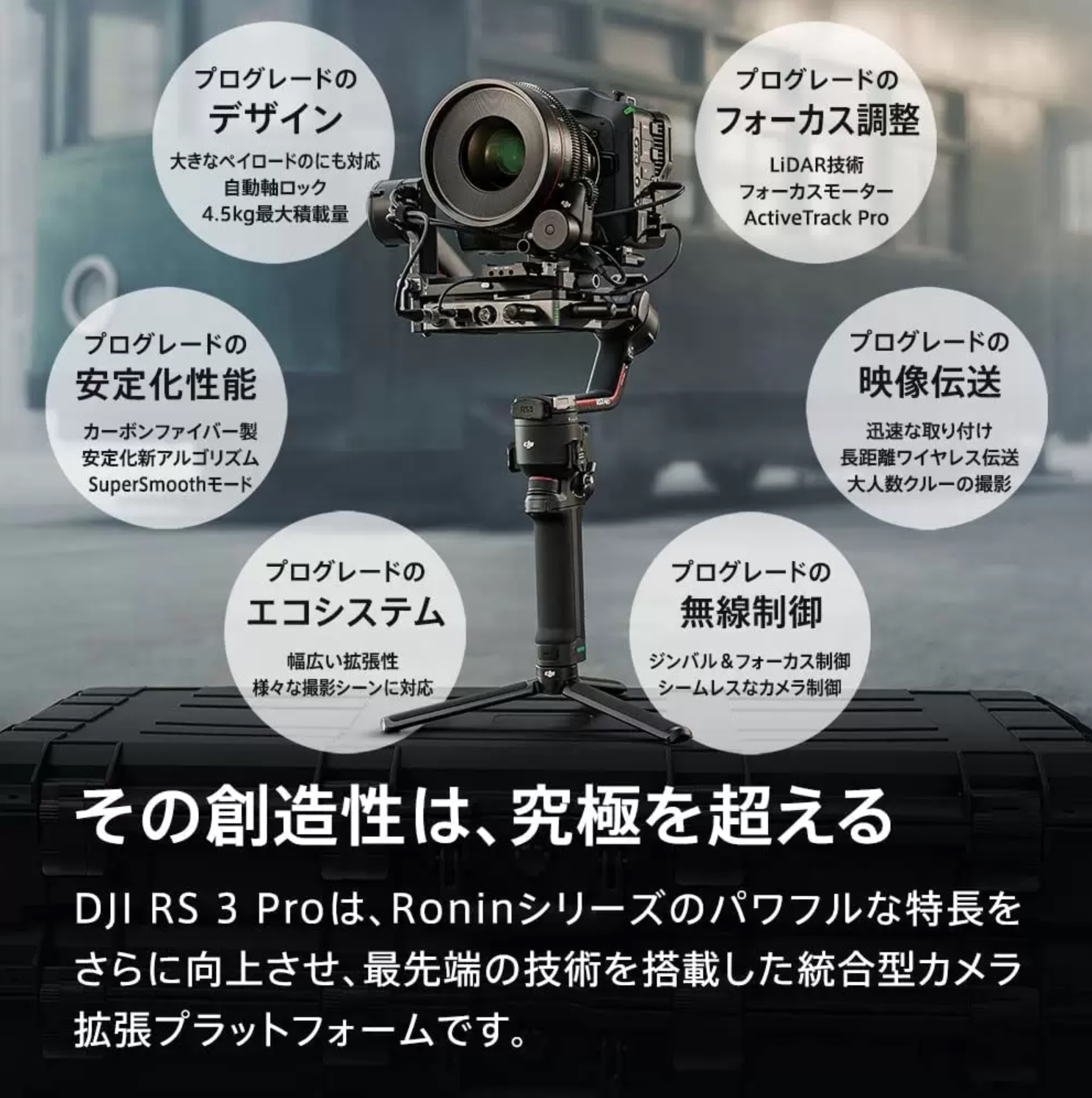 暗いスタジオ内で、ハードケースの上に三脚で立てられたカメラジンバル「DJI RS 3 Pro」の製品画像。ジンバルには大型のカメラ一式が搭載されており、その周囲に6つの主要な機能説明が日本語で添えられている。
プログレードのデザイン：4.5kgの最大積載量、自動軸ロック。
プログレードの安定化性能：カーボンファイバー製、SuperSmoothモード。
プログレードのエコシステム：幅広い拡張性。
プログレードのフォーカス調整：LiDAR技術、ActiveTrack Pro。
プログレードの映像伝送：長距離ワイヤレス伝送。
プログレードの無線制御：シームレスなカメラ制御。
下部には「その創造性は、究極を超える」という大きなキャッチコピーが記載されている。