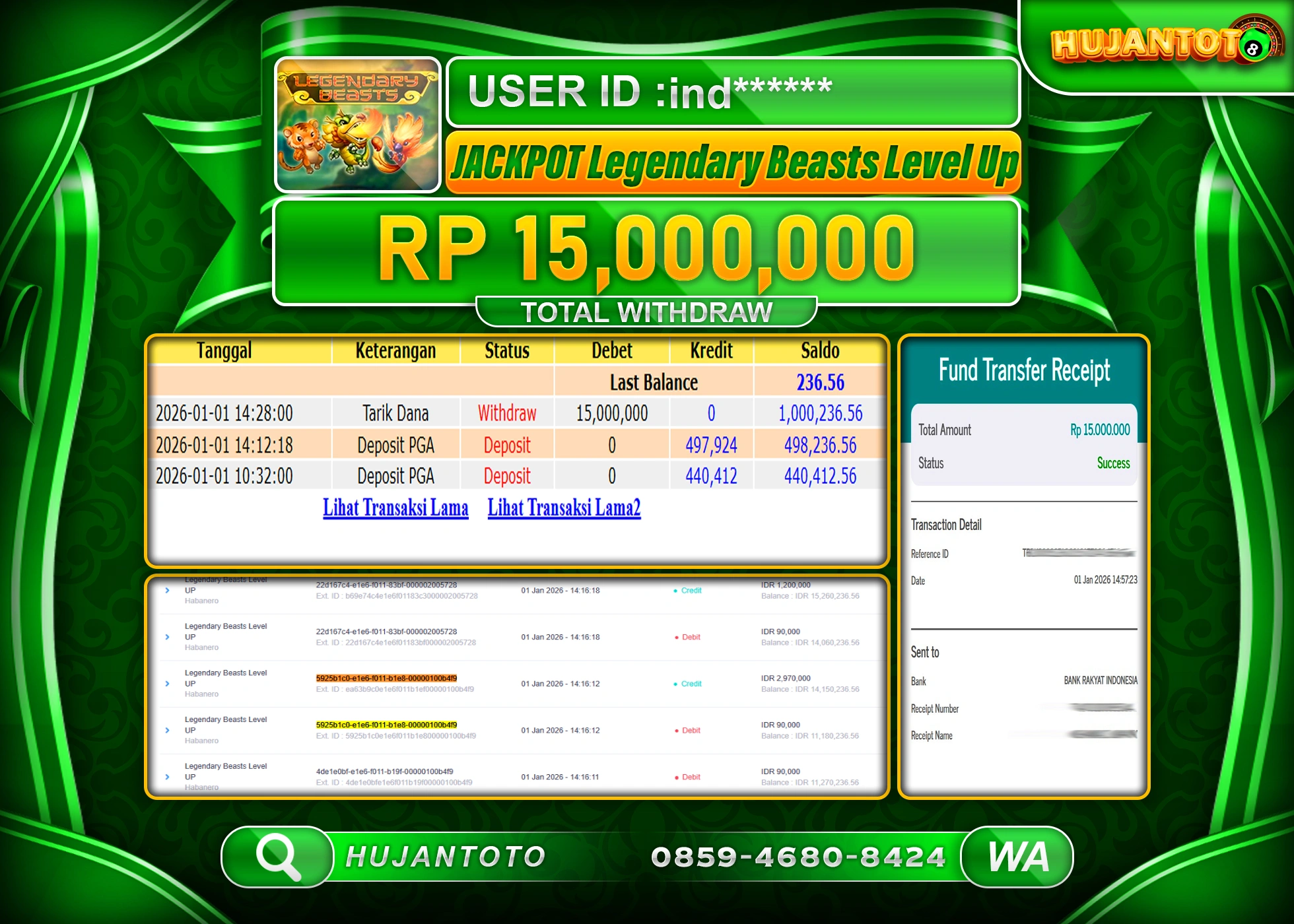 HUJANTOTO - BUKTI JACKPOT MENANG SLOT LEGENDARY BEASTS LEVEP UP Rp.15,000,000 - TERBAYAR LUNAS