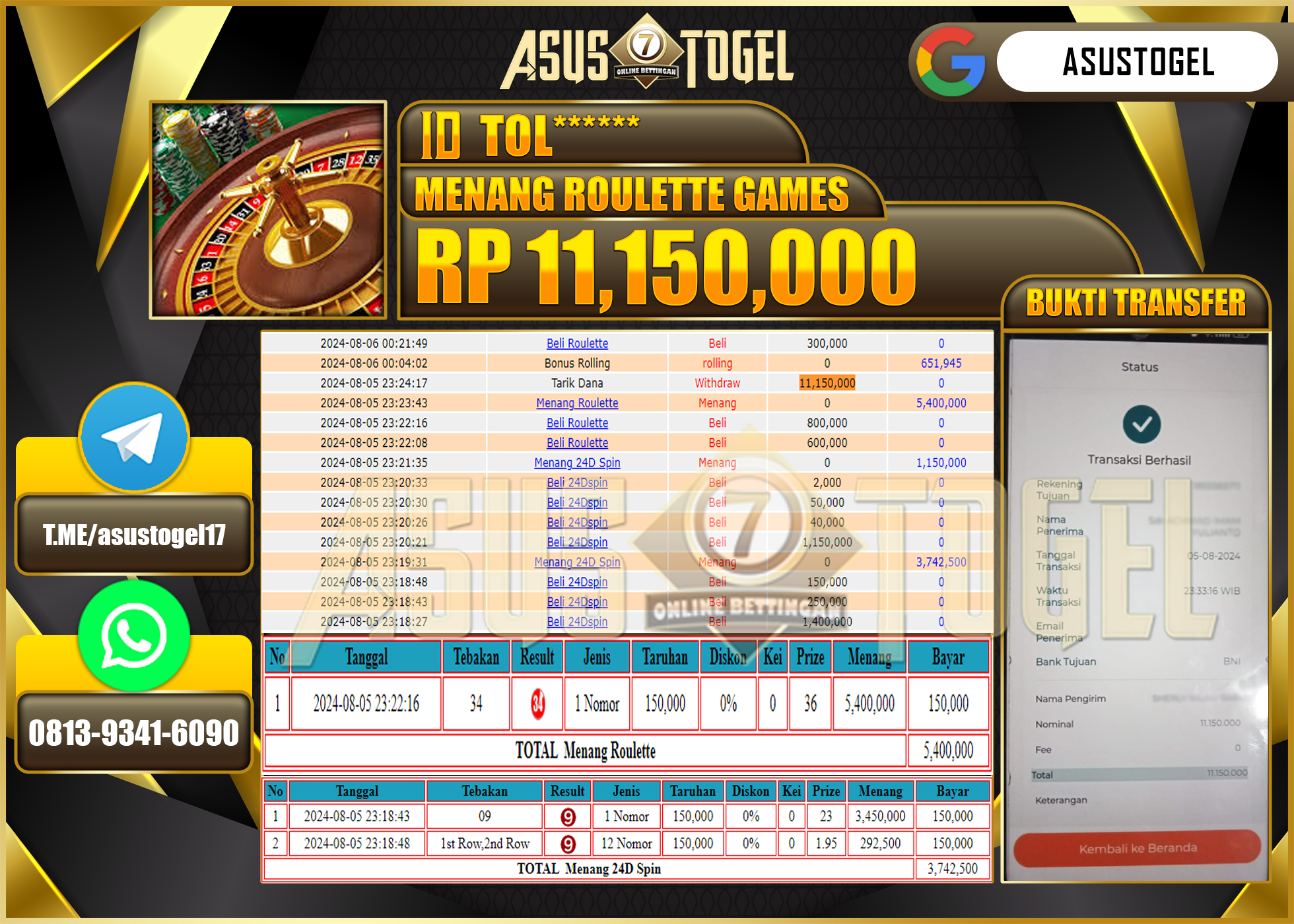 ASUSTOGEL KEMENANGAN DI ROULETTE GAMES SEBESAR 11,150,000- RUPIAH LUNAS