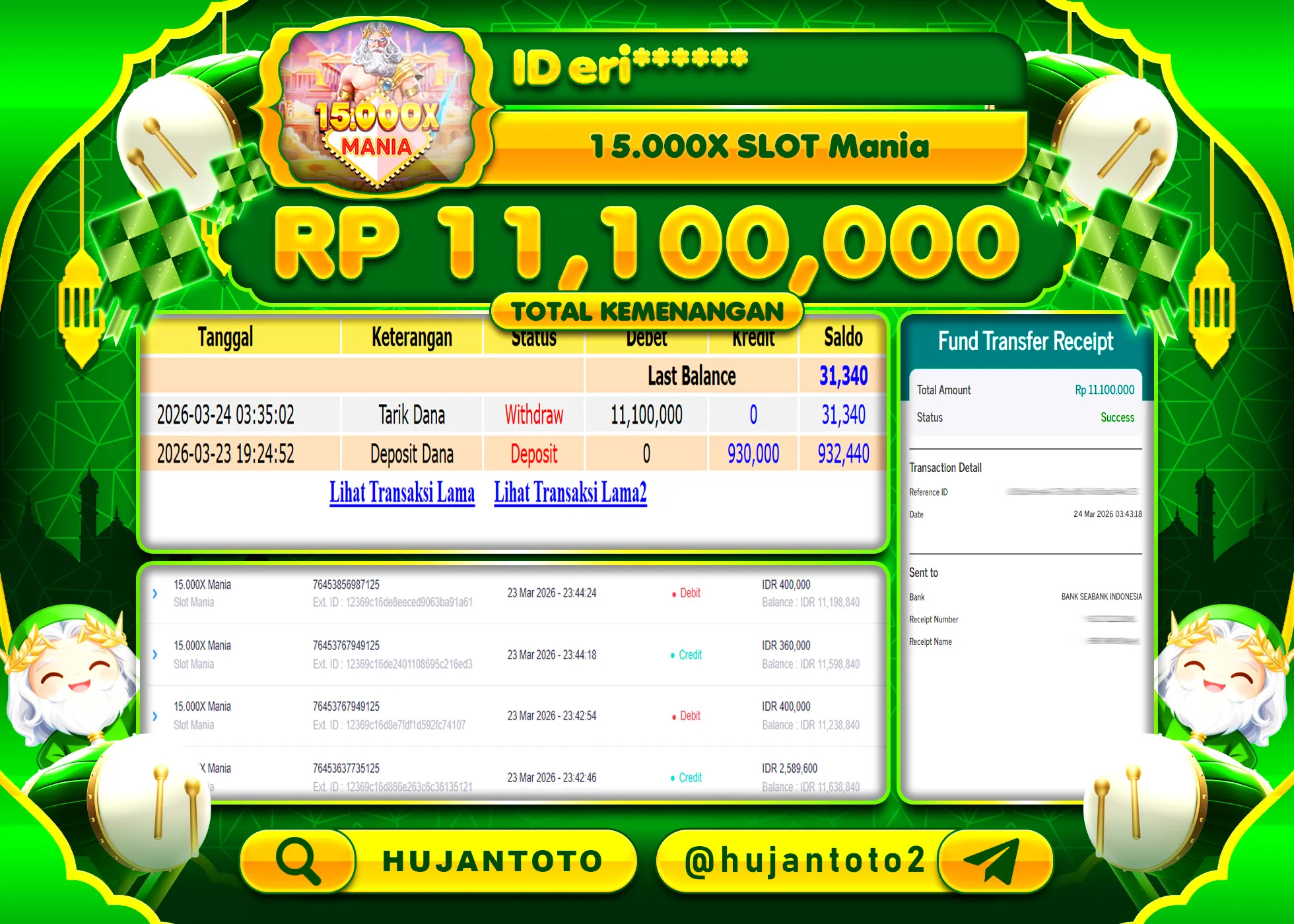 HUJANTOTO - BUKTI JACKPOT MENANG SLOT 15.000X SLOT MANIA Rp.11,100,000 - TERBAYAR LUNAS